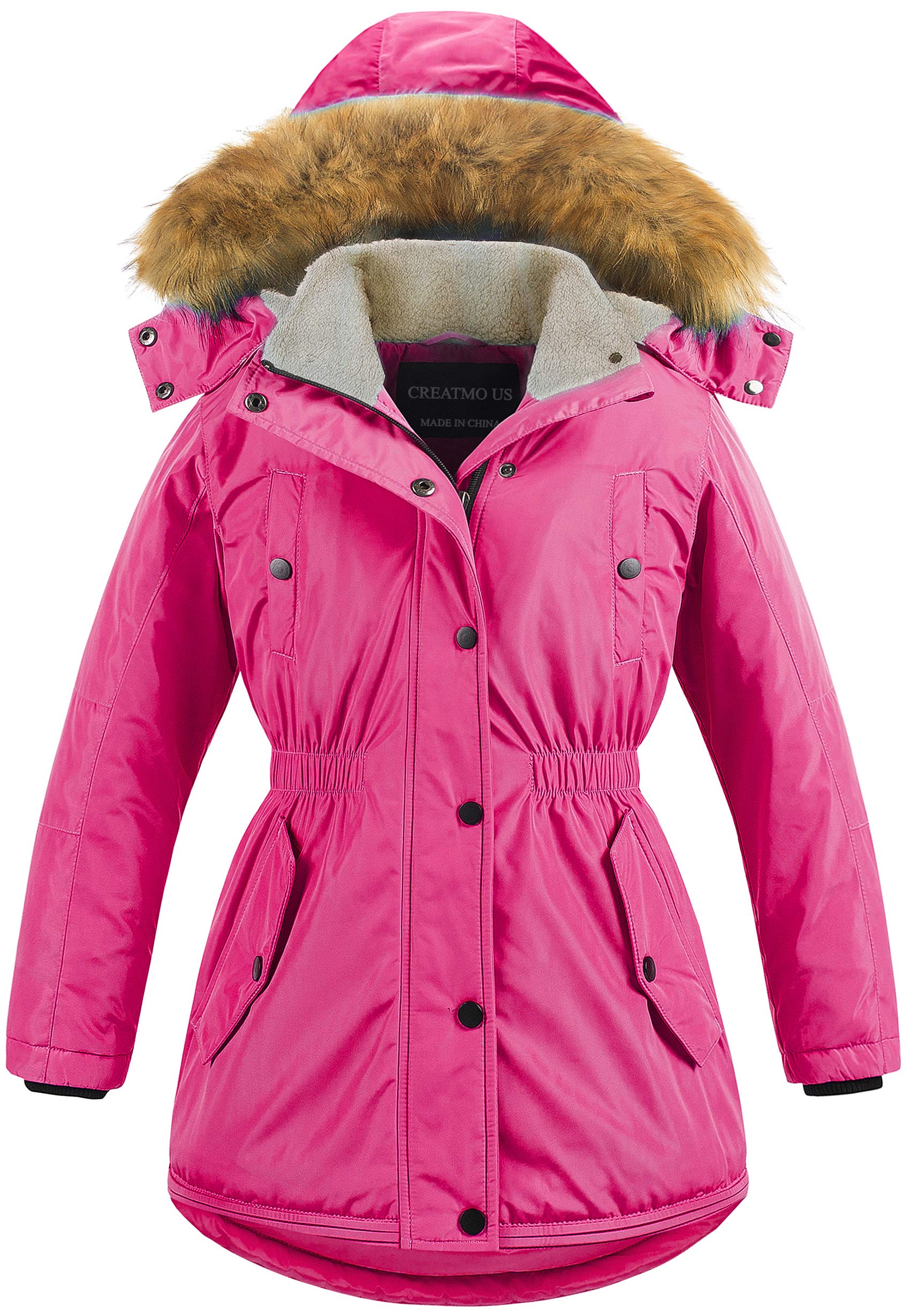 CREATMO US Girl's Long Winter Warm Parka Sherpa Trimmed Collar Puffer Ski Jacket Coat