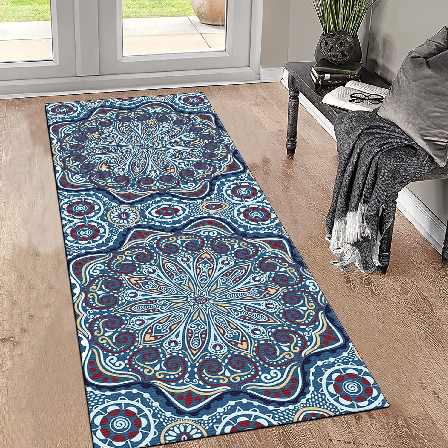Tapis de couloir au mètre bleu abstrait bohème lavable et réglable