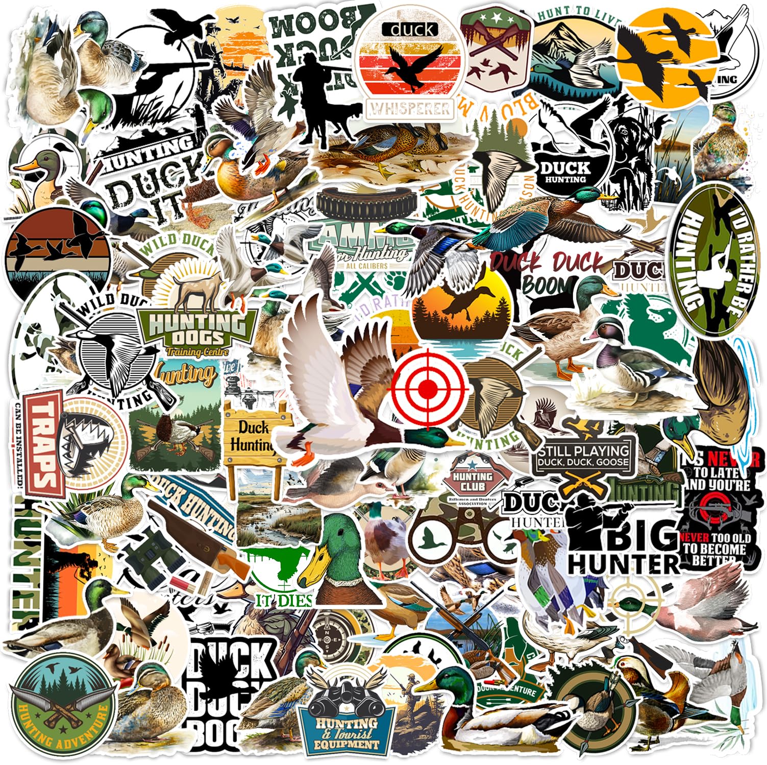 100Pcs Duck Hunting Stickers, Go Hunting Camo Adventure Vinyl Waterproof Sticker Decals for Water Bottle, Helmet, Laptop, Phone, Skateboard, Car,