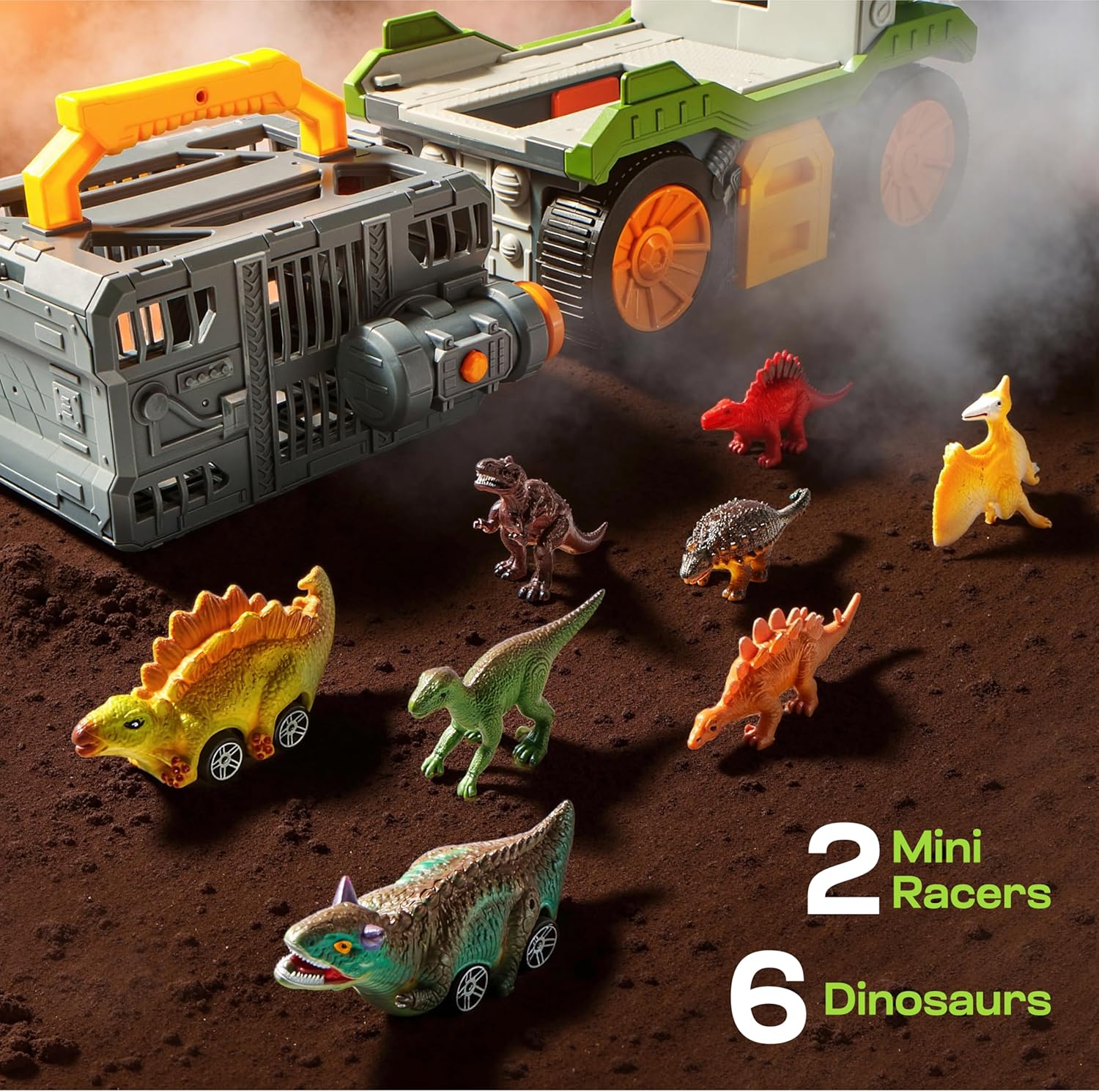 JOVA Vroomix Dinosaur Toys for Kids 3-5, Dinosaur Carrier Truck with 2 Pcs Cars and 6 Pcs Figures for Toddlers, T.Rex Truck with Launcher and Darts, Birthday Gifts Toys for 3 4 5+ Year Old Boy