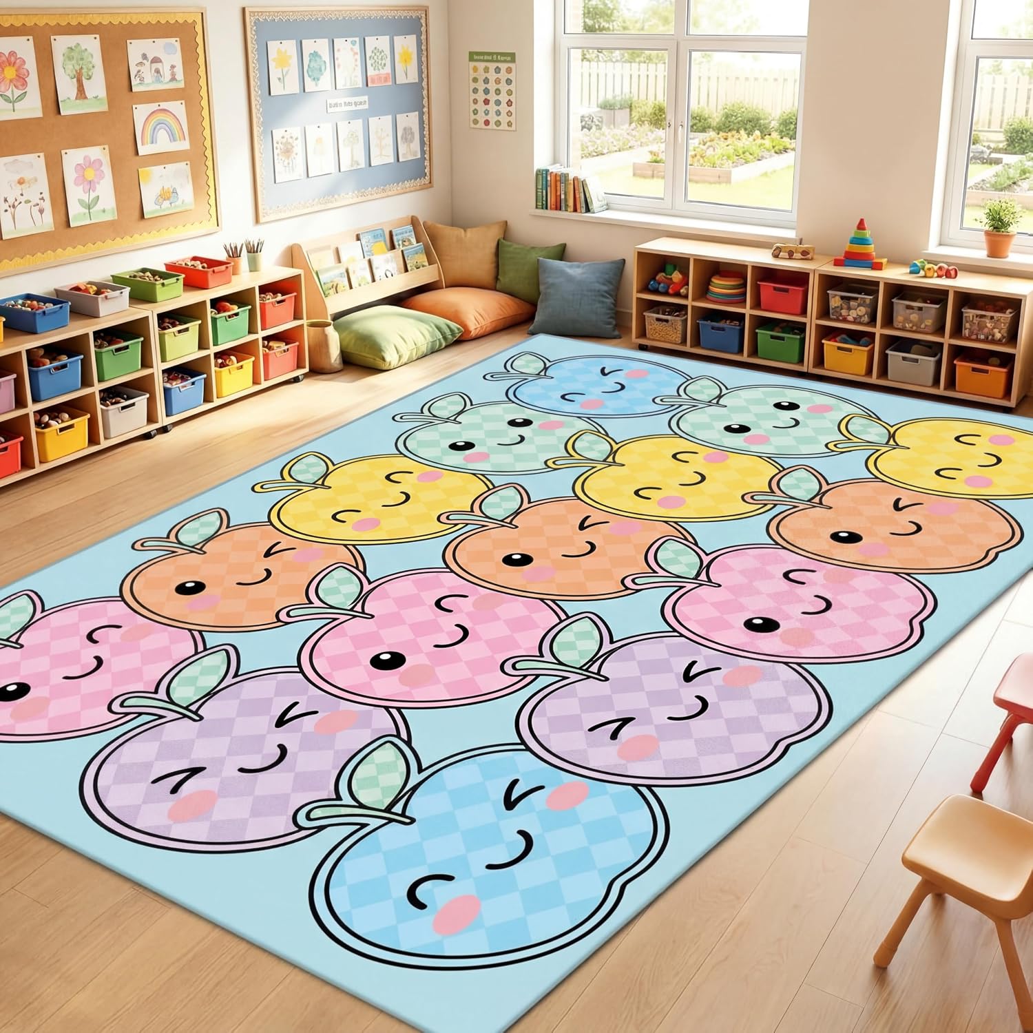 Dunzy 12x7.6 ft Pastel Apple Face Classroom Rug, Rainbow Smileys Educational Area Carpet for Classroom Elementary,Back to School Decor Large Kawaii Rug for Kindergarten Daycare Room Teaching Playroom