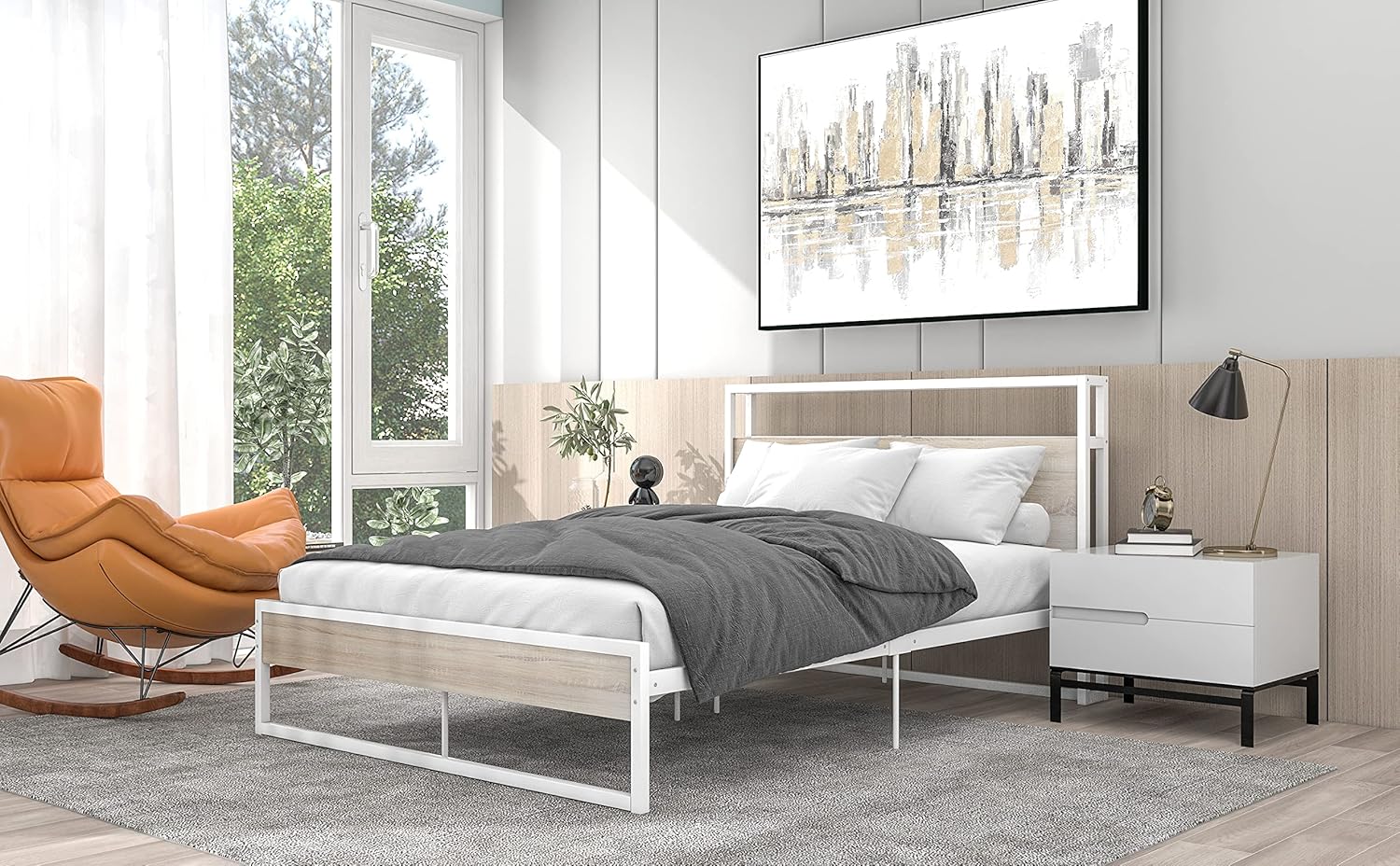 Full Size Modern Metal Platform Bed Frame with Sockets, USB Ports, Slat Support, No Box Spring Needed, White, 82.3" L x 55.6" W x 39" H