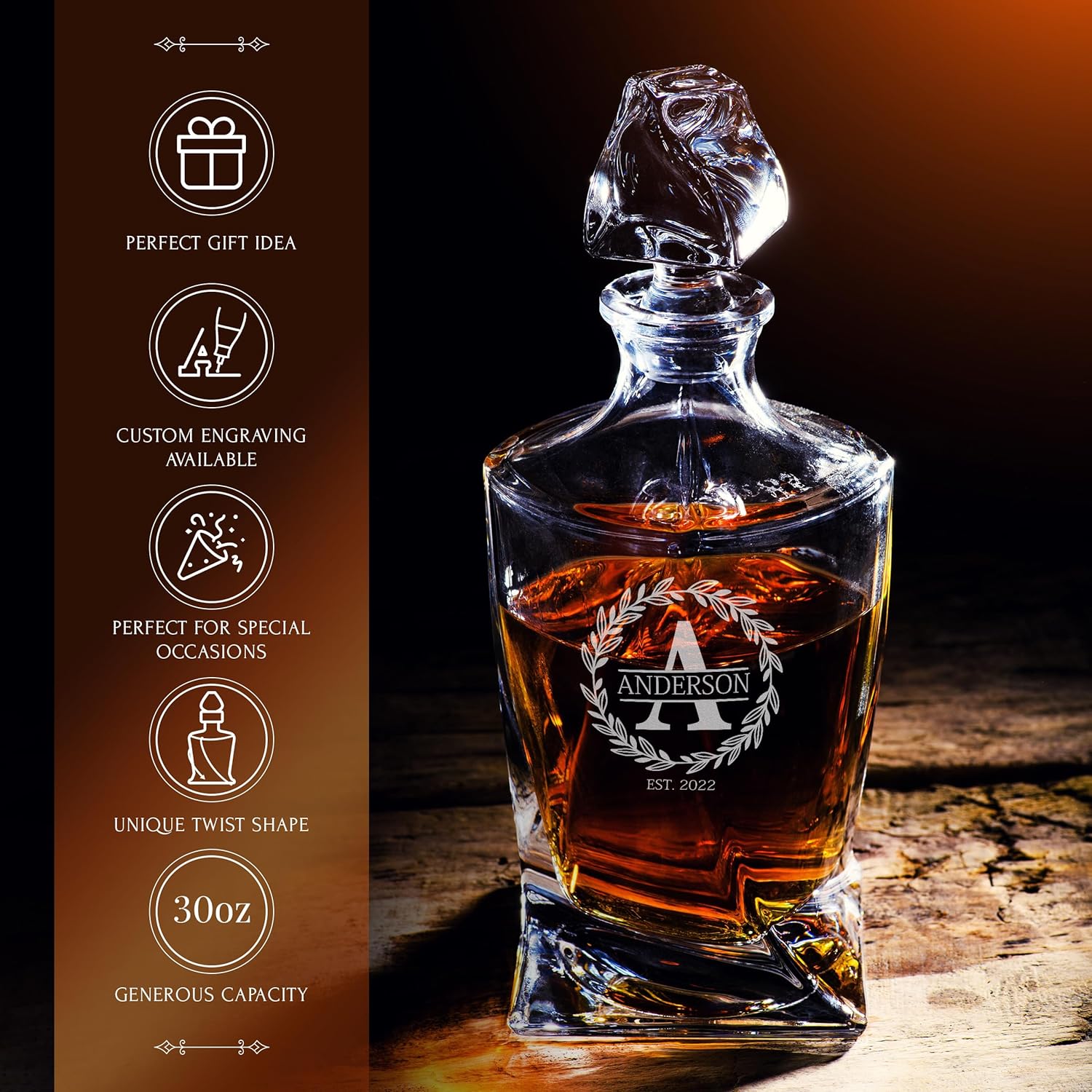 Personalized Whiskey Decanter and Glasses Set - Customized in USA Gift for Him - Men, Dad, Father, Brother, Son - Engraved 30 oz/ 890ml Twisted Whiskey Decanter, 4 XL Glasses in Wooden Gift Box