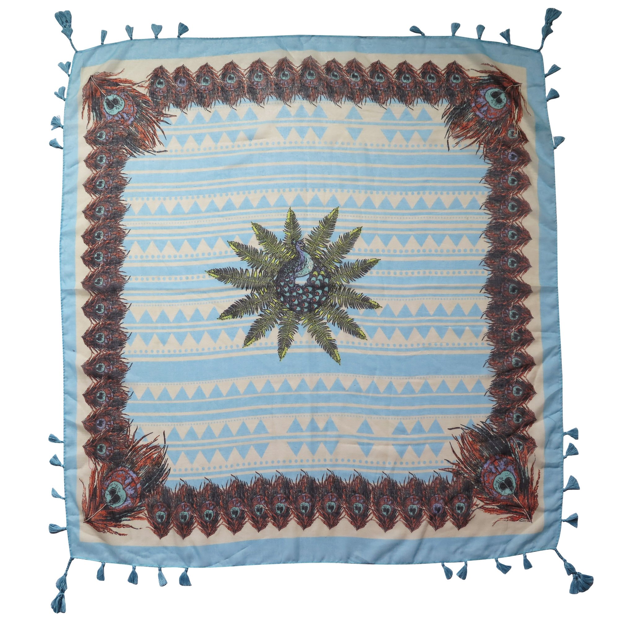 Lina & Lily Multi-Patterns Flower Geometric Tribal Aztec Paisley Print Square Scarf Shawl with Tassels (Peacock geometric - blue)