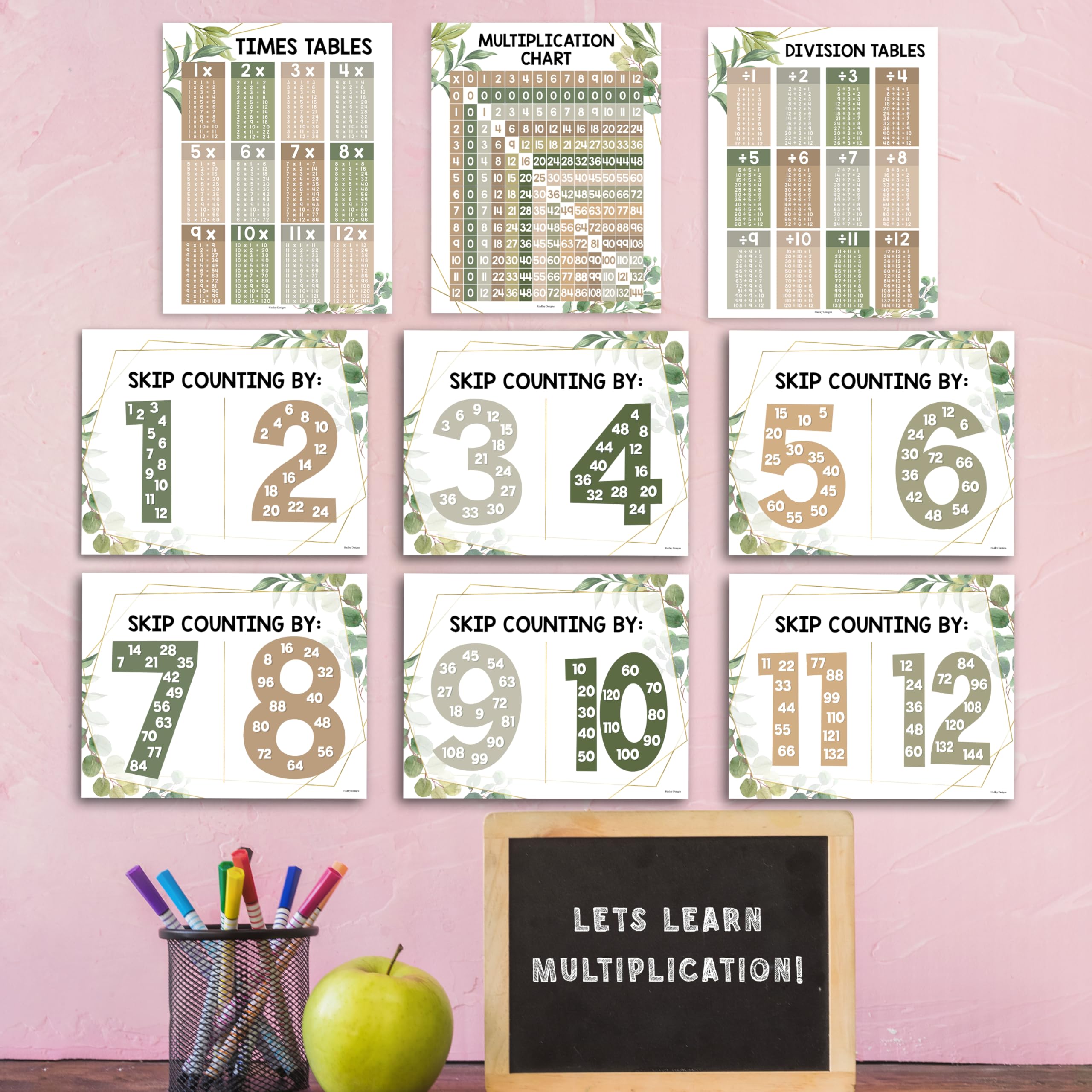 Multiplication Chart Poster Set - 9 Math Posters for Classroom & Homeschool, Times Tables, Skip Counting, and Division Posters for 2nd-5th Grade Visual Learning, Greenery Classroom Decor