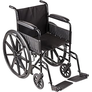 DMI Transport Chair Travel Wheelchair with Solid Steel Construction, Padded Fixed Armrests, Easy to Fold and Store, Push-to-Lock Brakes, Silver and Black
