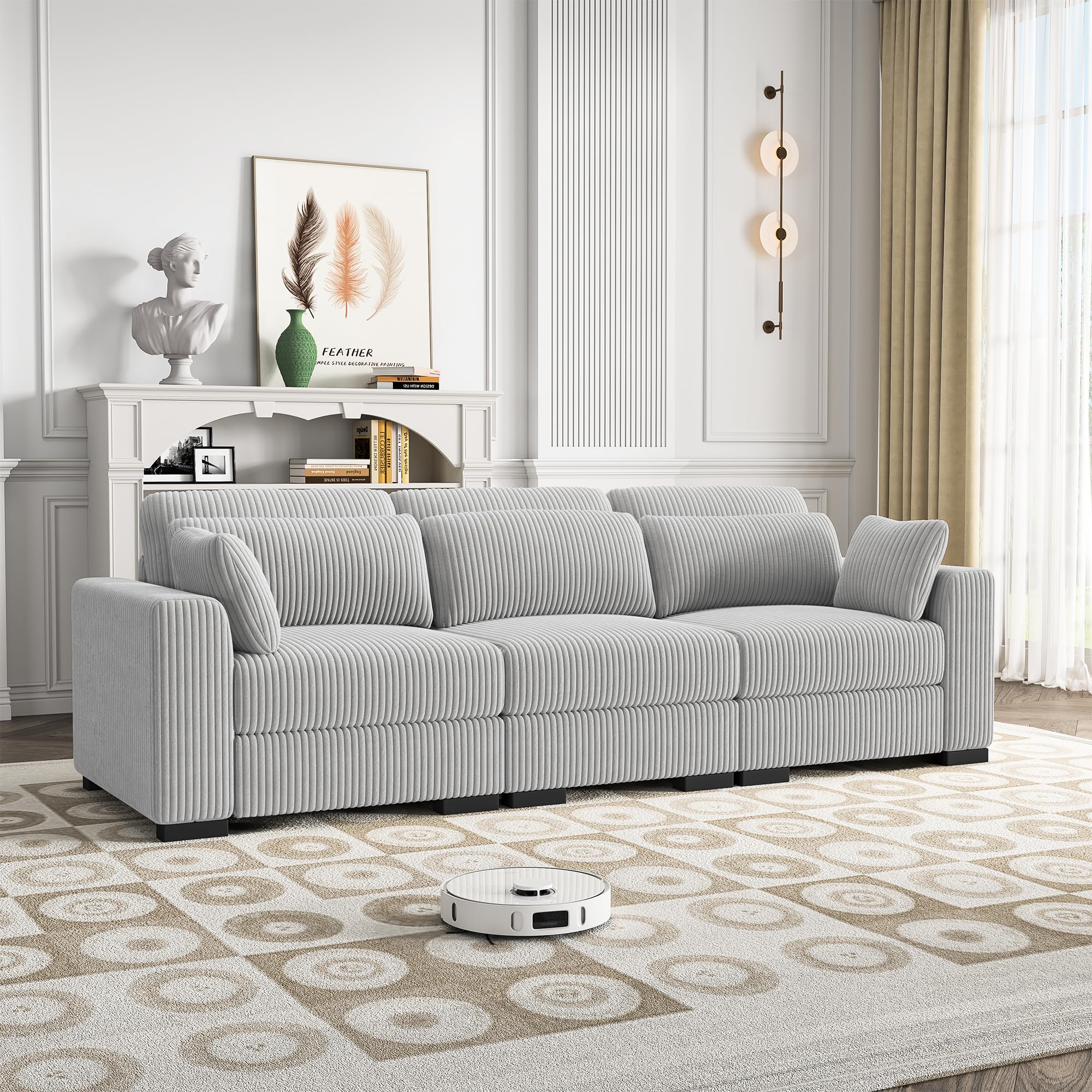 3-osobowa rozkładana sofa, nowoczesna modułowa tapicerowana kanapa z poduszkami, pluszowa prążkowana tkanina, stylowe meble do salonu (szara 3-osobowa)
