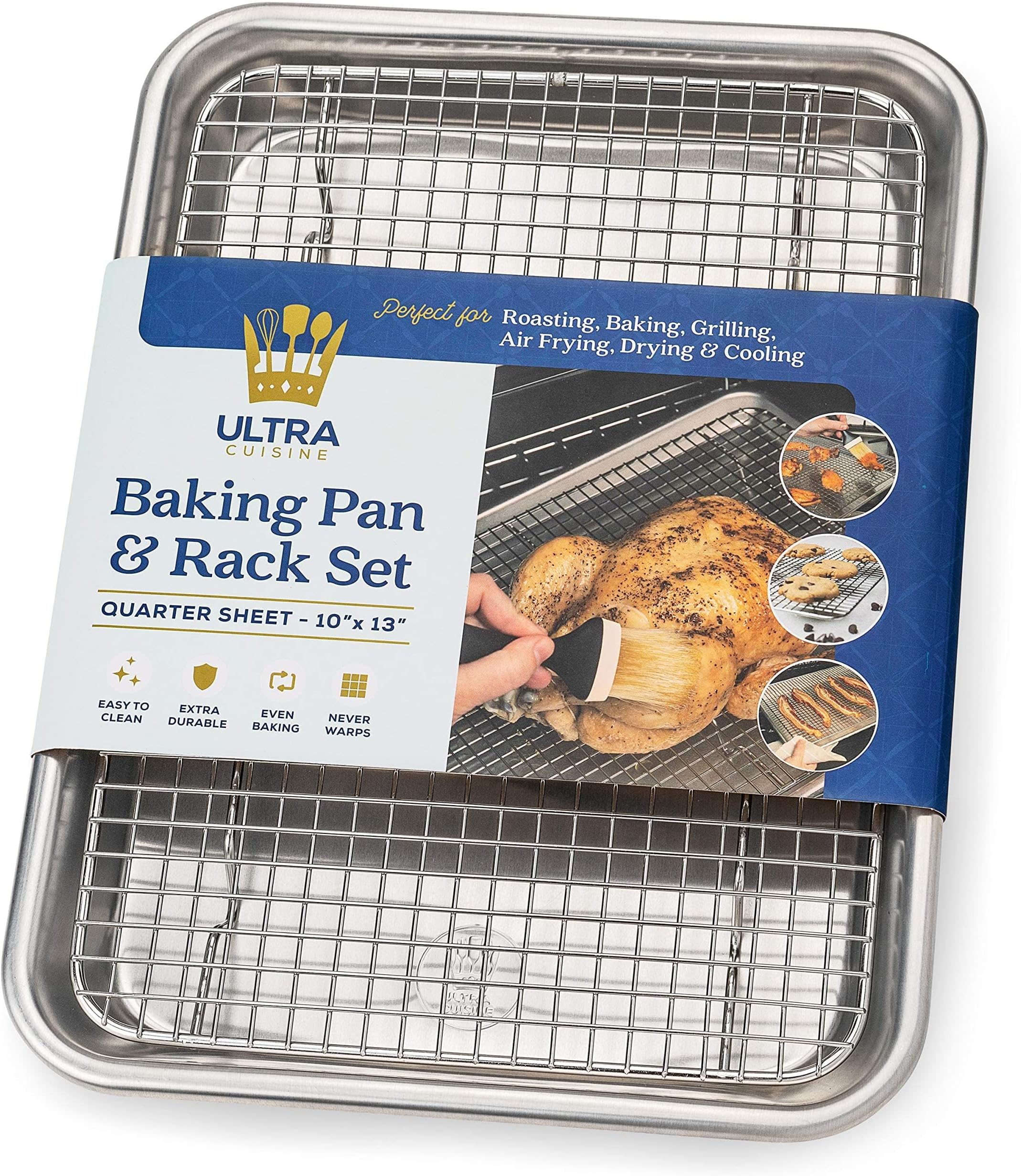 Ultra Cuisine Quarter Sheet Pan with Wire Rack Set - Includes Premium Aluminum Baking Sheet with 100% Stainless Steel Baking Rack, Cookie Cooling Racks with 1/4 Pan Commercial Quality