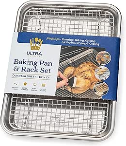 Ultra Cuisine Quarter Sheet Pan with Wire Rack Set - Premium Aluminum Baking Sheet and Stainless Steel Cooling Rack