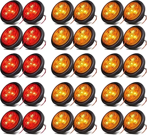 NEW SUN Paquete de 30 luces LED marcadoras de remolque de 2.5 pulgadas, 10 unidades, color rojo, 20 unidades ámbar, diseño reflejo redondo