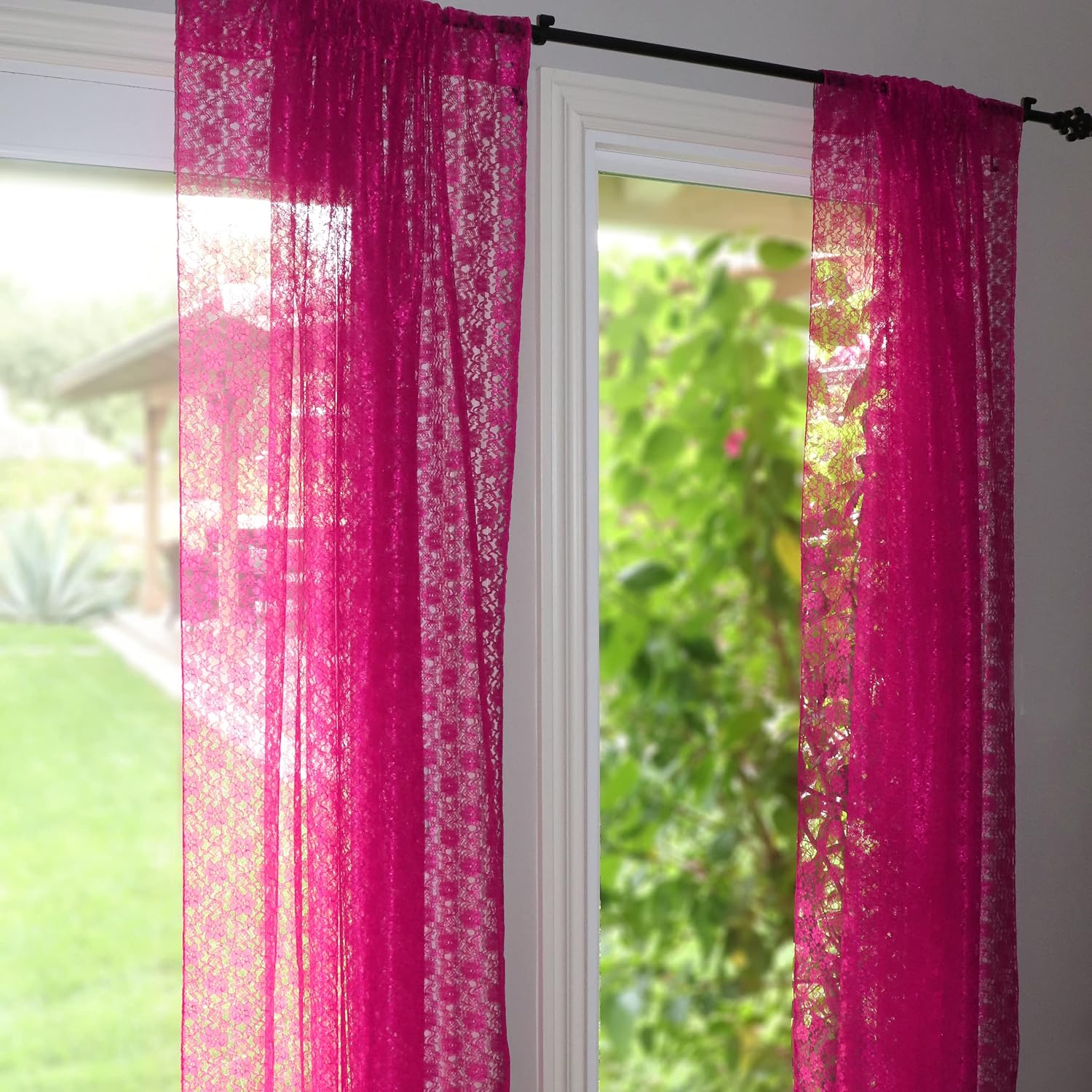 lovemyfabric Floral Lace Window Curtain Panel Sheer Lace Bedroom Kitchen Dining Room Bathroom Classroom Diner Window Decor (58" Wide) (84" Tall, Fuchsia)