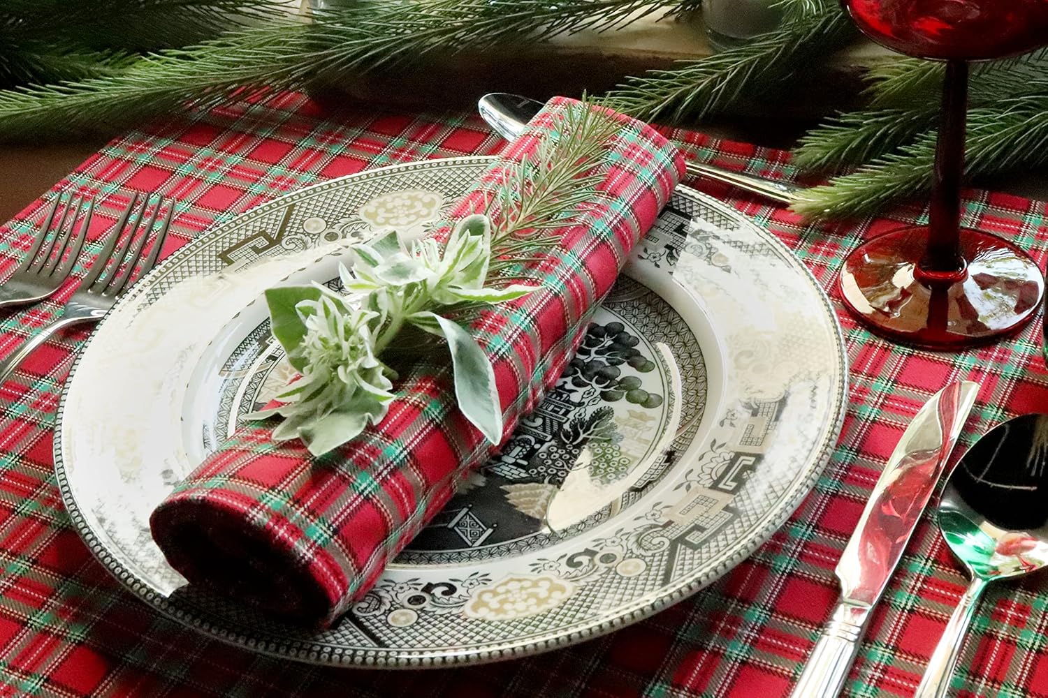 Huddleson Red Green Plaid Woven Cotton Napkin 20x20 (Set of Four) Christmas Check Made in US