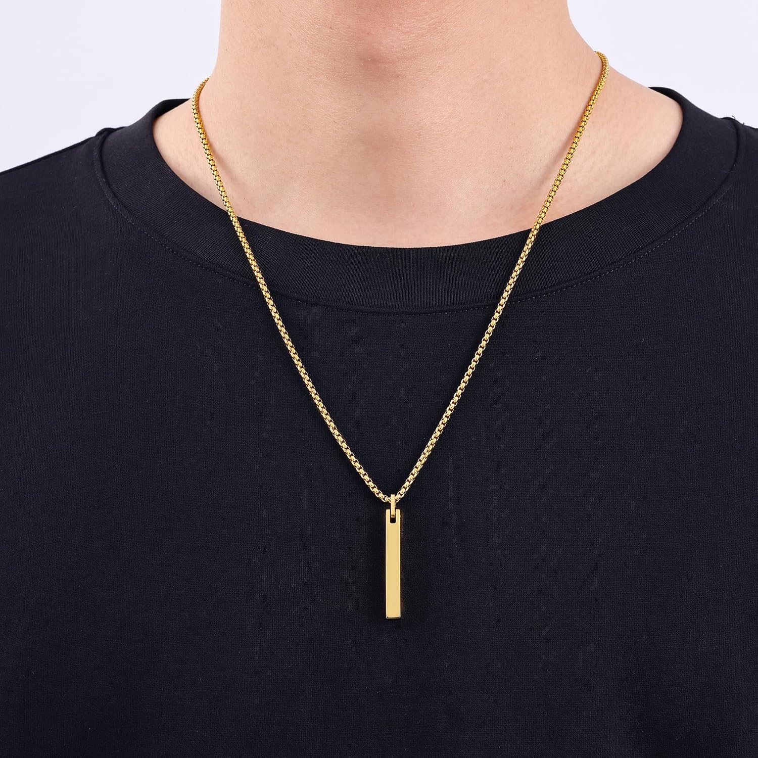 Fiusem Pendant Necklace for Men, Silver Tone/14k Gold Plated/Black Mens Pendant Necklaces with 2.5 mm Box Chain, Stainless Steel Bar Chain, 18-28 Inches - Image 2