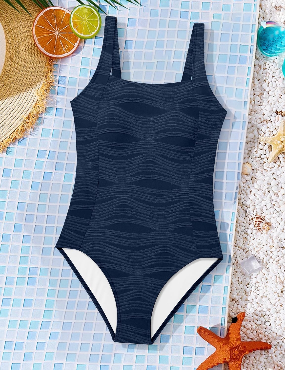 BAVADER Girls One Piece Swimsuits Solid Color Girls Swimsuit Textured Bathing Suit Adjustable Straps Modest Swimwear 9-16Y