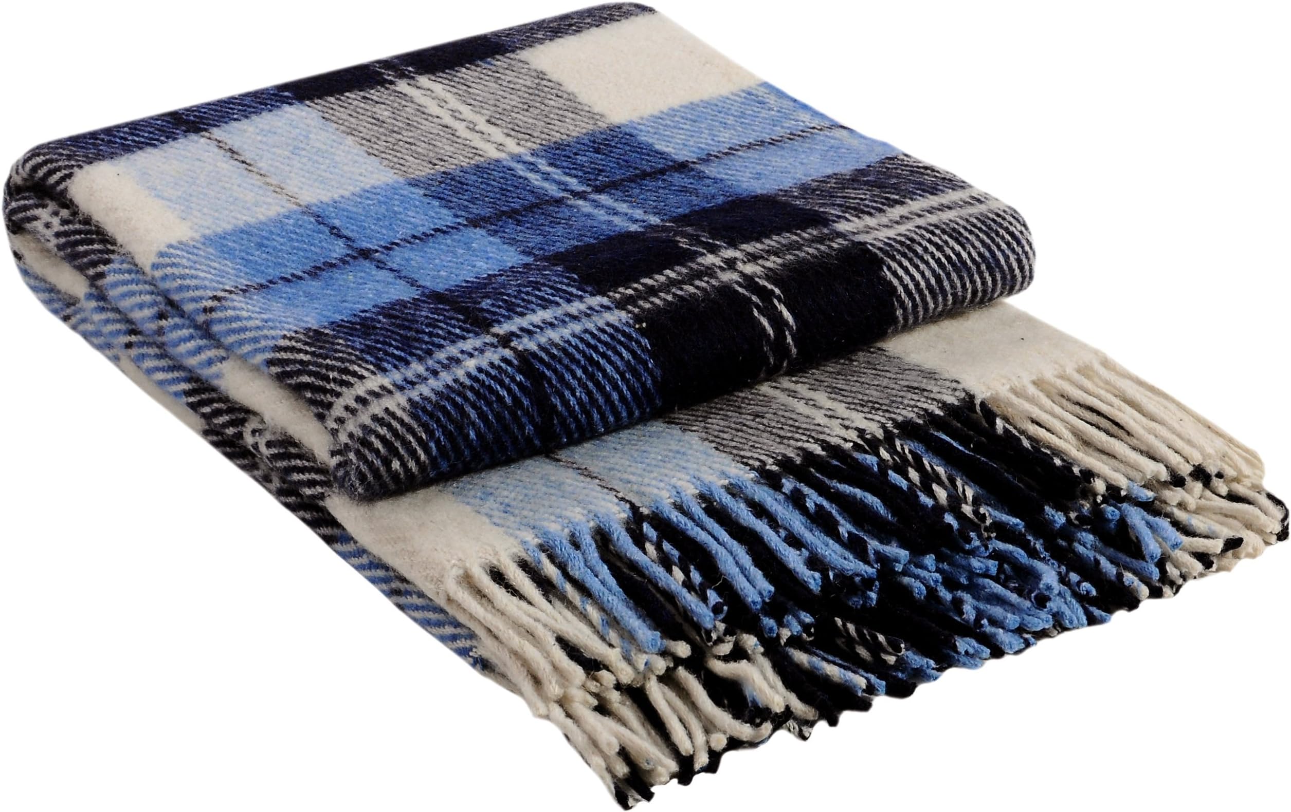 Luxury Blue Plaid Throw Blanket - Soft Warm Tartan Wool (Twin)