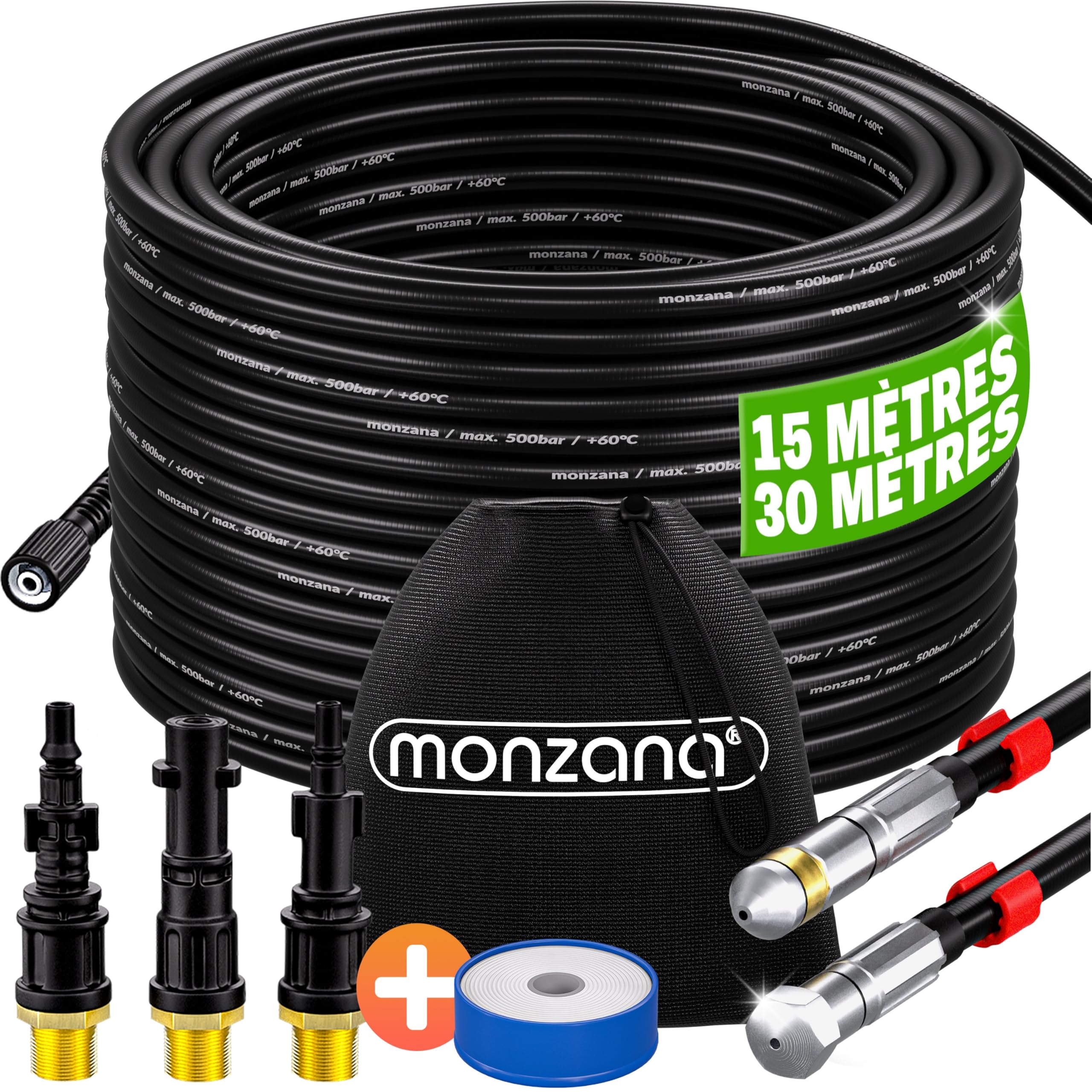 MONZANA® Tuyau déboucheur canalisation Premium 30m 200 bar 3 embouts 2 buses K2 K3 K4 K5 K6 K7 nettoyeur haute pression universel tuyau nettoyage furet