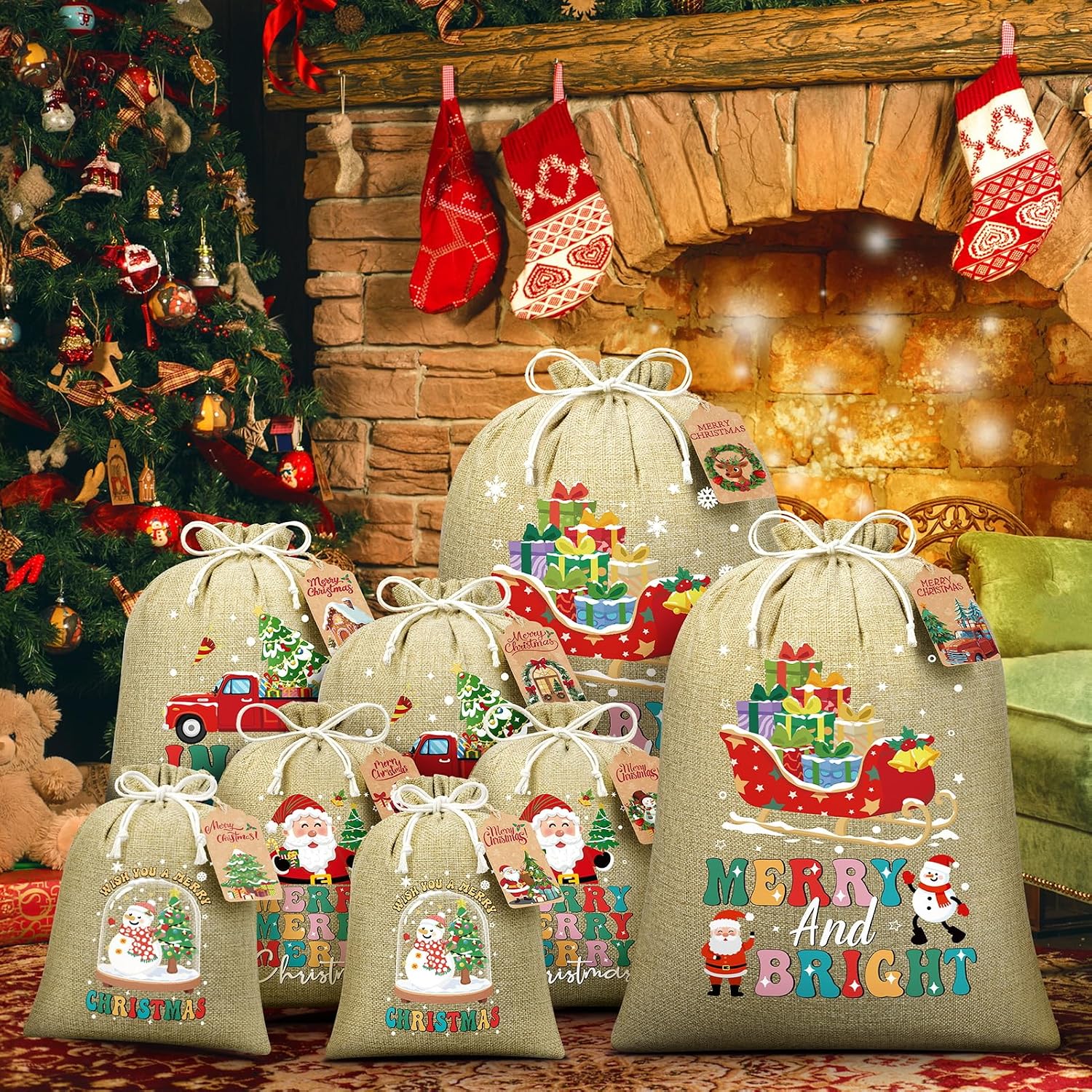 10PCS Christmas Burlap Drawstring Gift Bags Assorted Sizes Bulk with Tags image 4