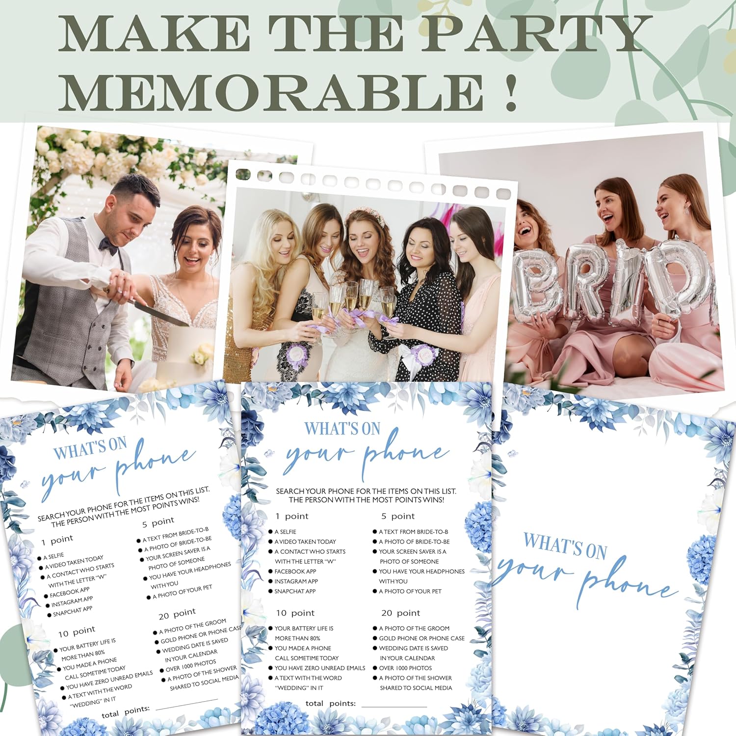 Bridal Shower Games, Blue Hydrangea Theme Wedding Shower Games, Bridal Shower Decorations Supplies Activities Ideas, Bachelorette, Engagement Party Game Cards Favors for 25 Guests -A15