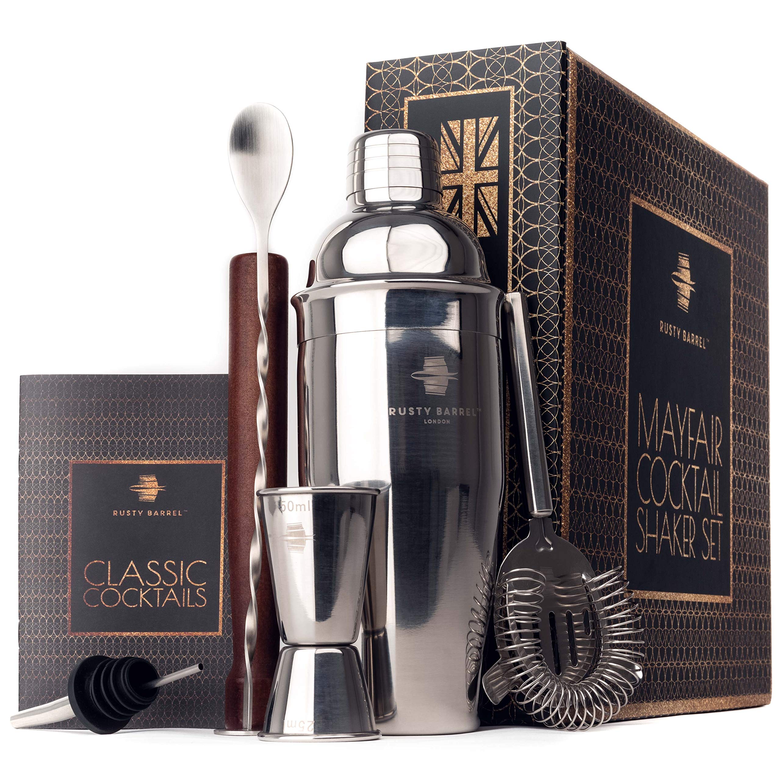 Coffret à Cocktail Mayfair — Kit Cocktail avec Shaker Cocktail en INOX de Style Manhattan | Cocktail Shaker Kit, Kit Barman, Cocktail Kit Complet | dans Une Boîte Cadeau Luxueuse