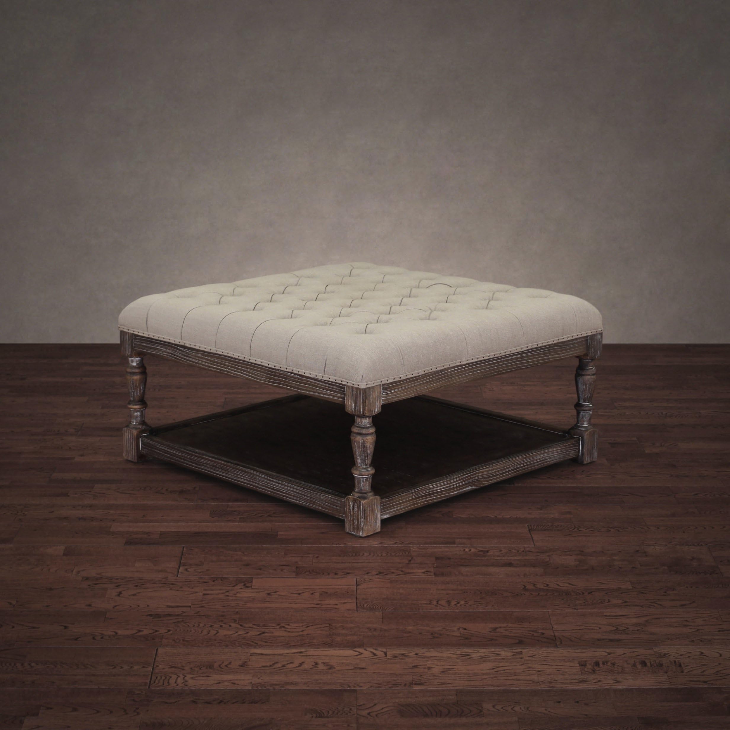 Beige Shabby Chic Linen Tufted Creston Ottoman with Open Storage