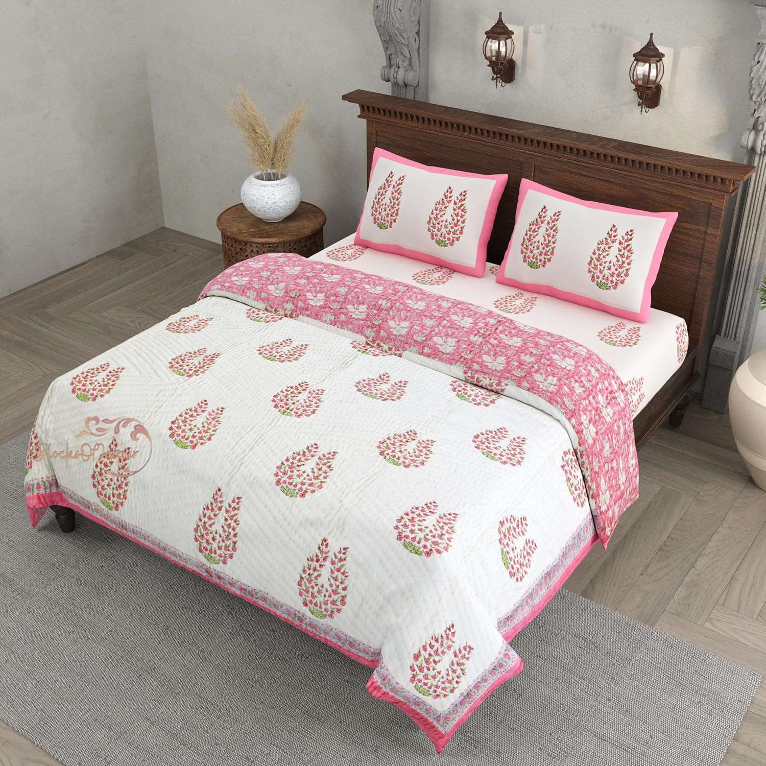 Organic Pure Cotton 750 TC Reversible Hand Block Quilt Bedding Set of 4 Pc 1 Jaipuri Razai 1 Flat Bedsheet with 2 Pillow Cover Pink Butta Printed (King Size 108X108 in)