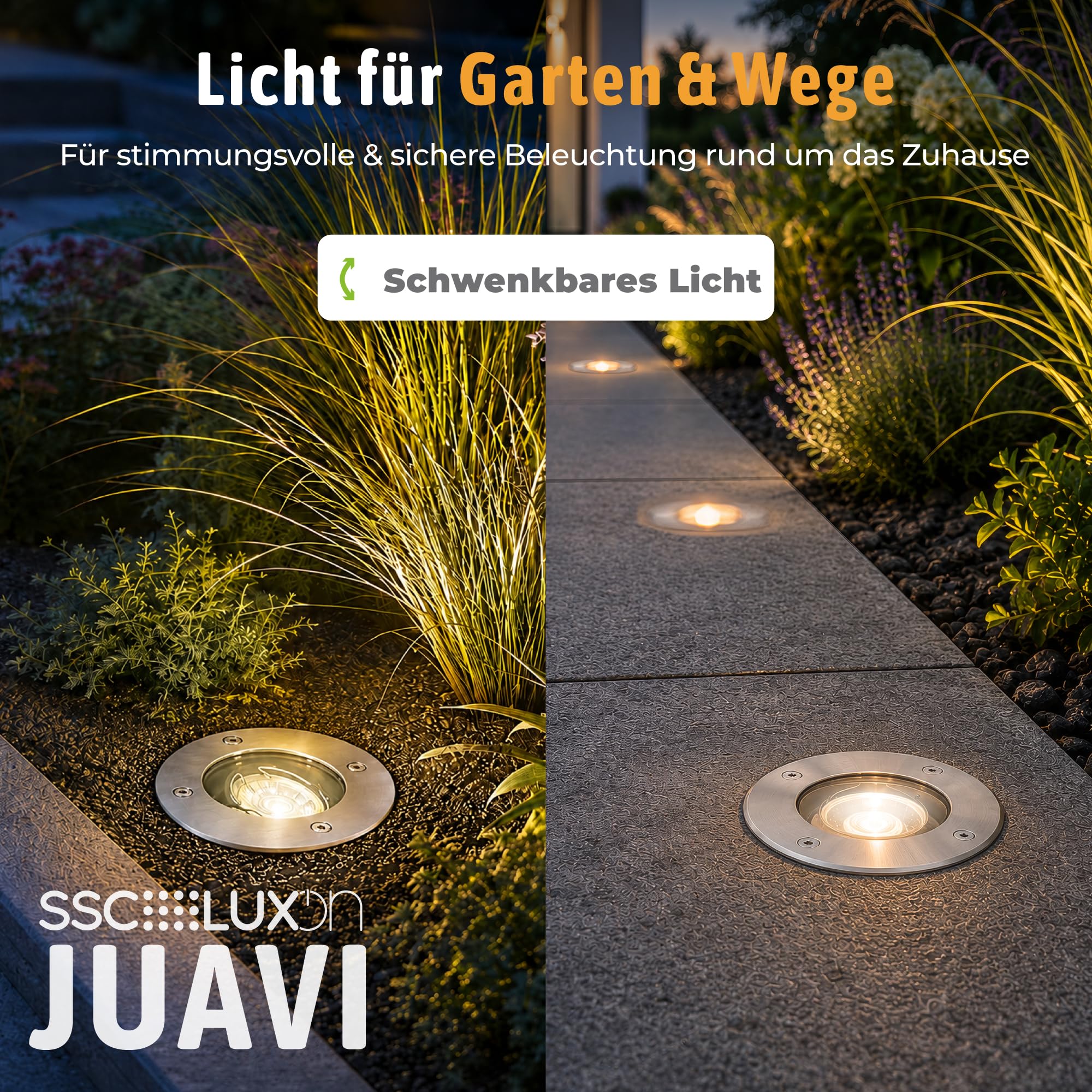 SSC-LUXon 3er Set JUAVI Bodeneinbaustrahler rund IP67 GU10 3 Lichtfarben 3W | Schwenkbare Bodenspots für Wege, Beet & Terrasse - einstellbare Lichtfarbe warm, neutral, kalt - durchschleifbar, befahrbar