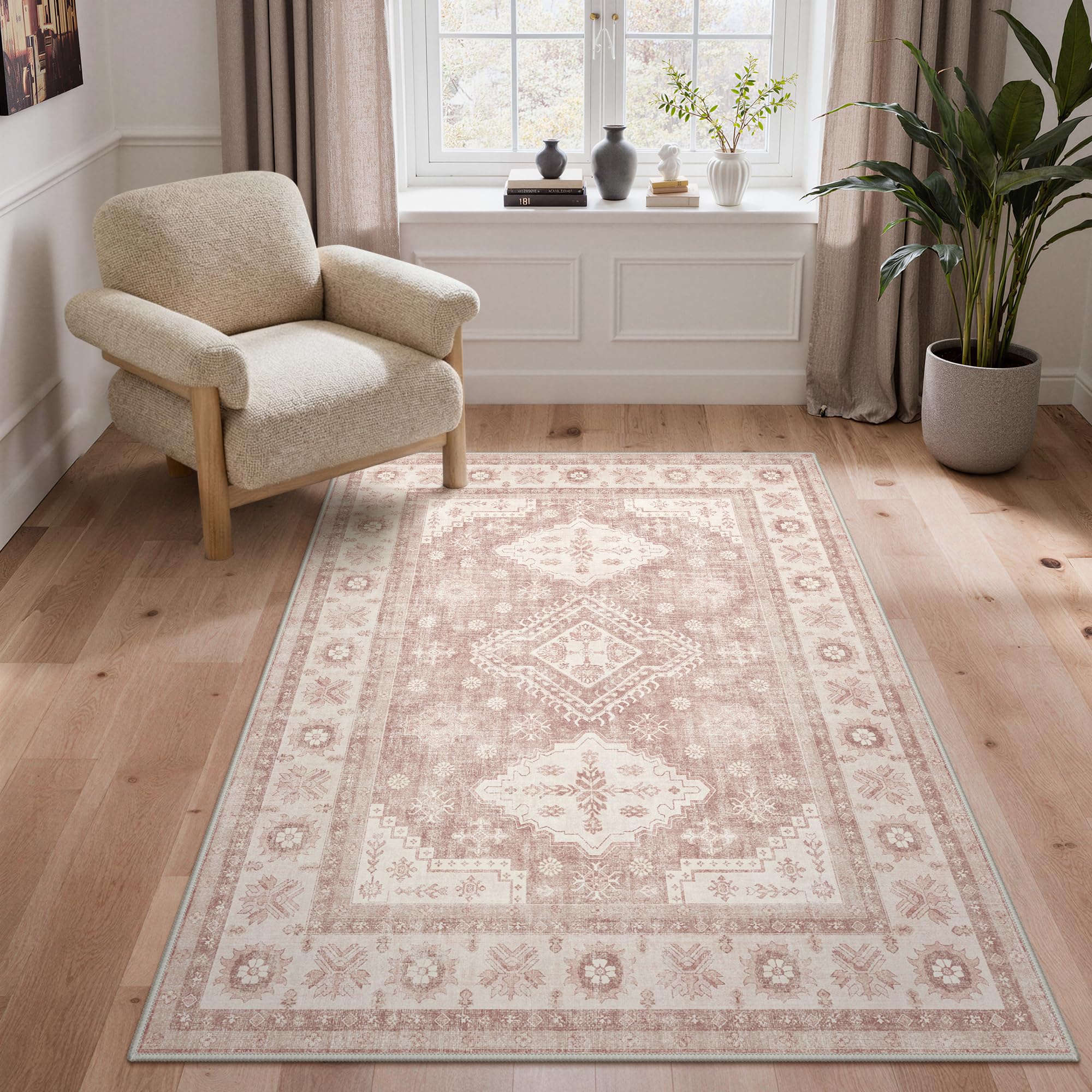 GENIMO Rugs Living Room 120x170cm,Large Washable Pink Rug with Non-Slip Backing,Boho Short Pile Soft Carpet for Home Office & Dining Room