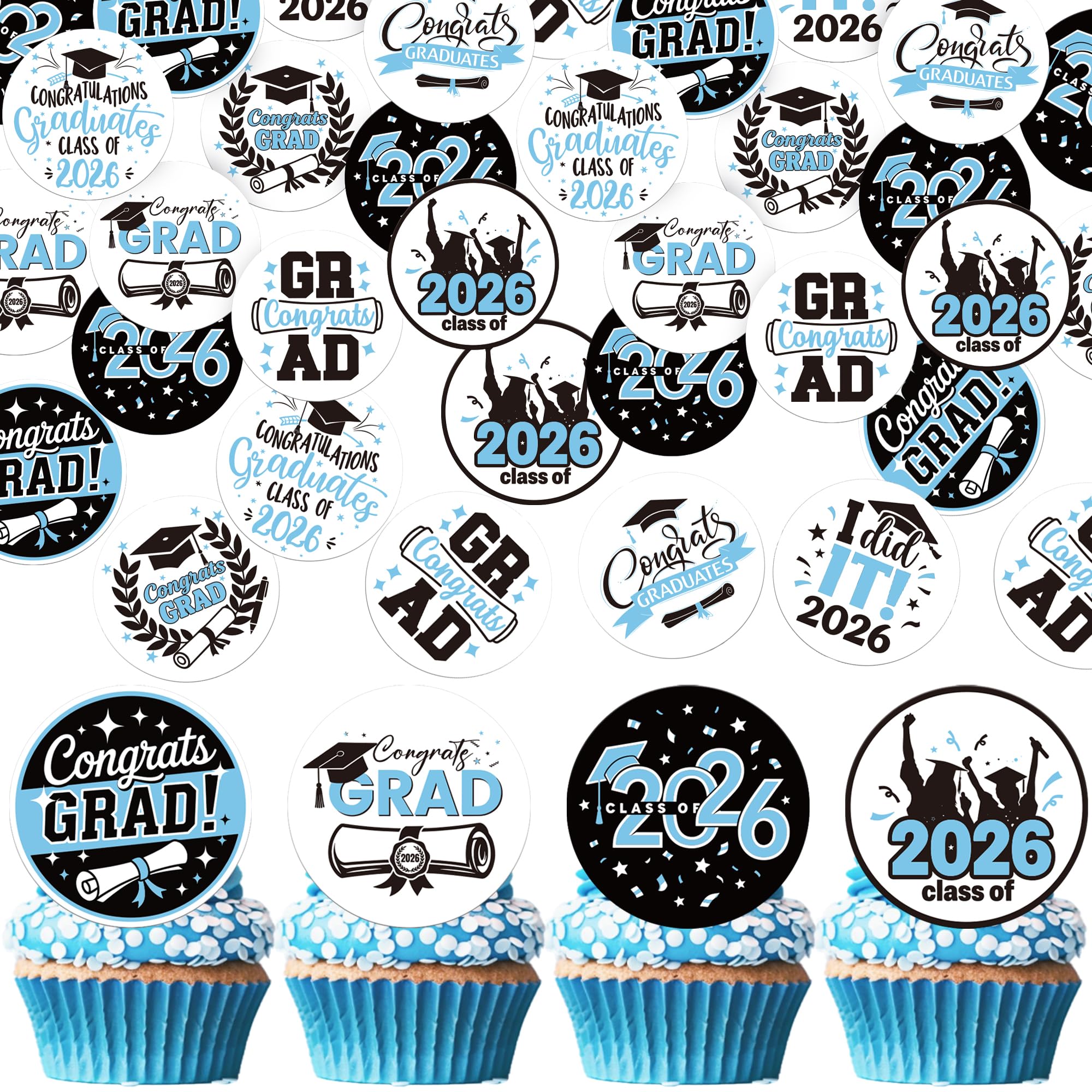 SYKYCTCY 63 Pack Edible 2026 Graduation Cupcake Toppers Wafer Paper Congratulations Graduate 2026 You Did it Cupcake Picks for 2026 Graduation Theme Party Supplies