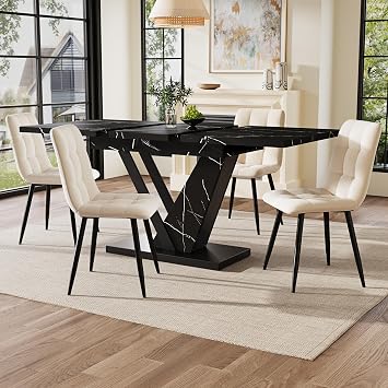 Extendable Dining table, Kitchen Table Extendable to 120-160cm Suitable for 4-6 people, Telescopic Table with Black Marble Pattern, Black (No Chair)