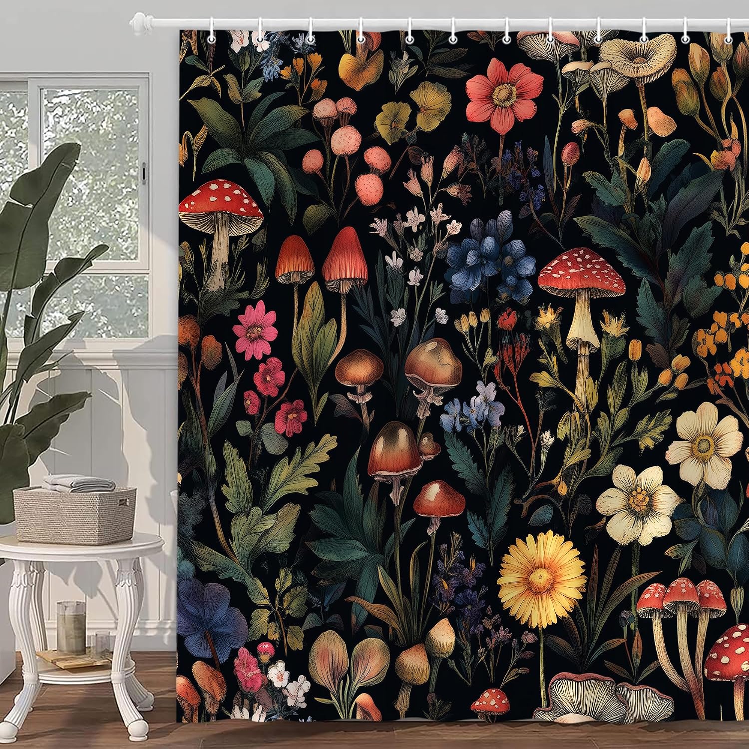 Mushroom Shower Curtain, Retro Aesthetic Colorful Flower Mushroom Vintage Plants Floral Nature Bath Curtain, Waterproof Shower Curtian Accessory Set 12 Hooks 72x72 inch image 2