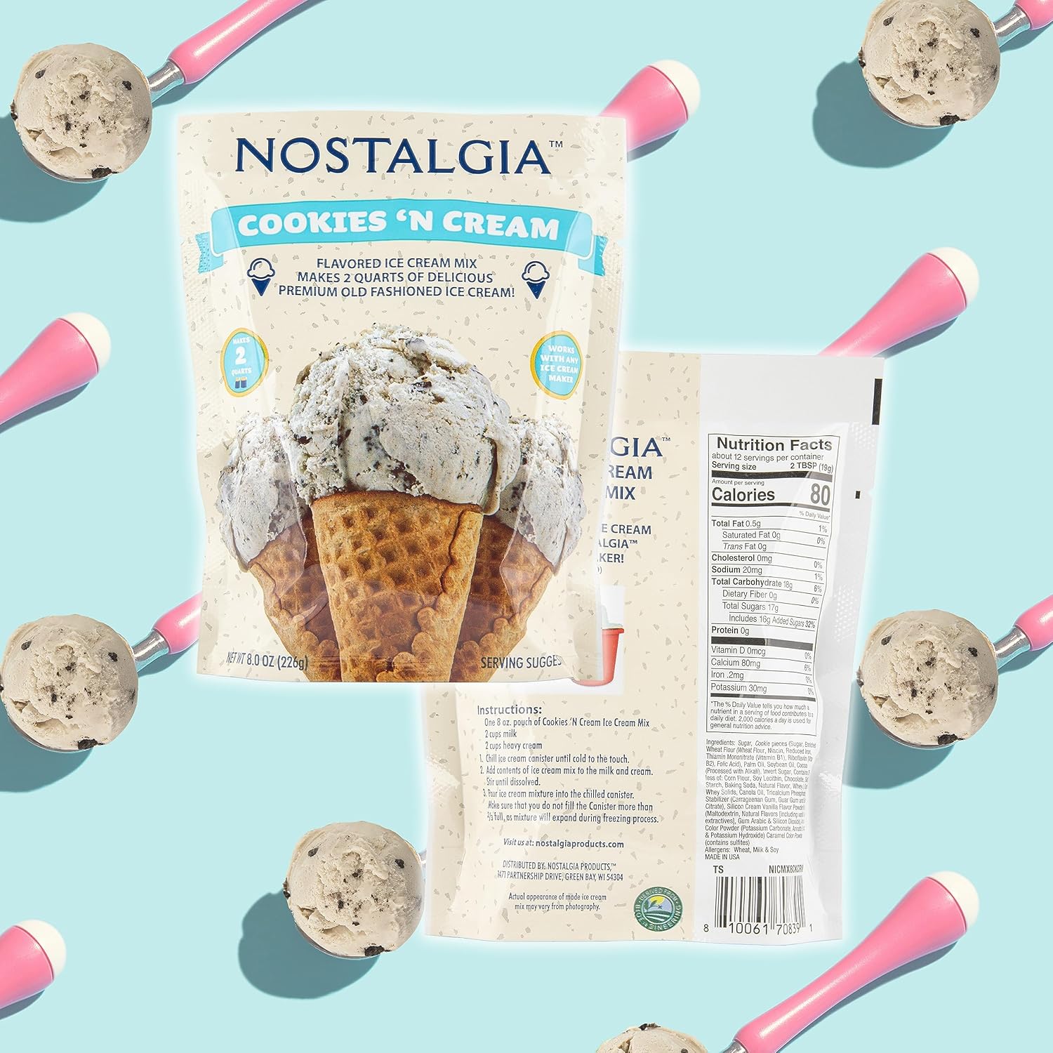 Nostalgia 2-Quart Homemade Premium Cookies n Cream Ice Cream Starter Mix (8-Pack)