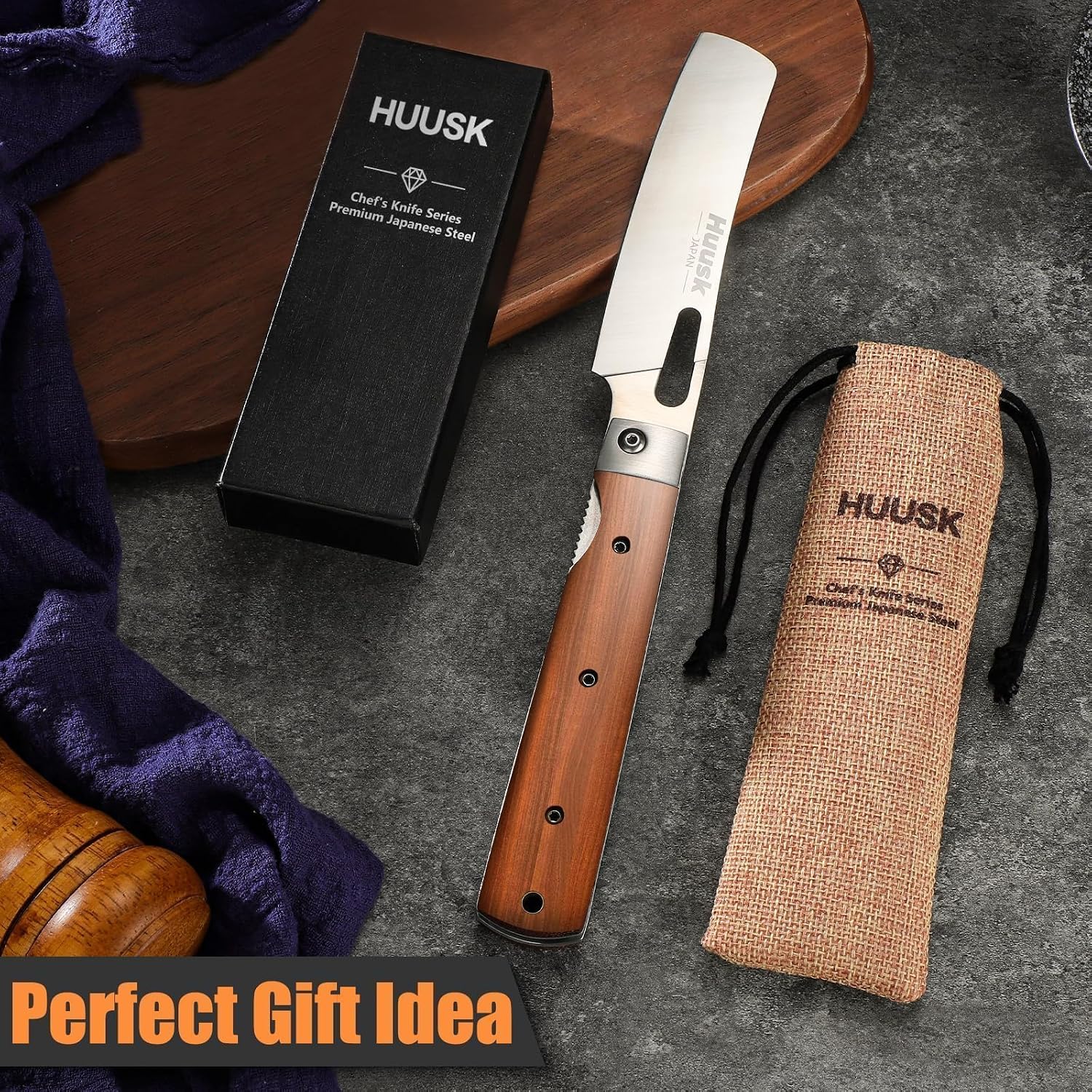 Huusk Japanese Folding Nakiri Knife - Pocket Chef Knives with 440C Stainless Steel Ultra Sharp Blade, Portable Kitchen Knife for BBQ Trip Outdoor, Christmas Gift for Men and Women