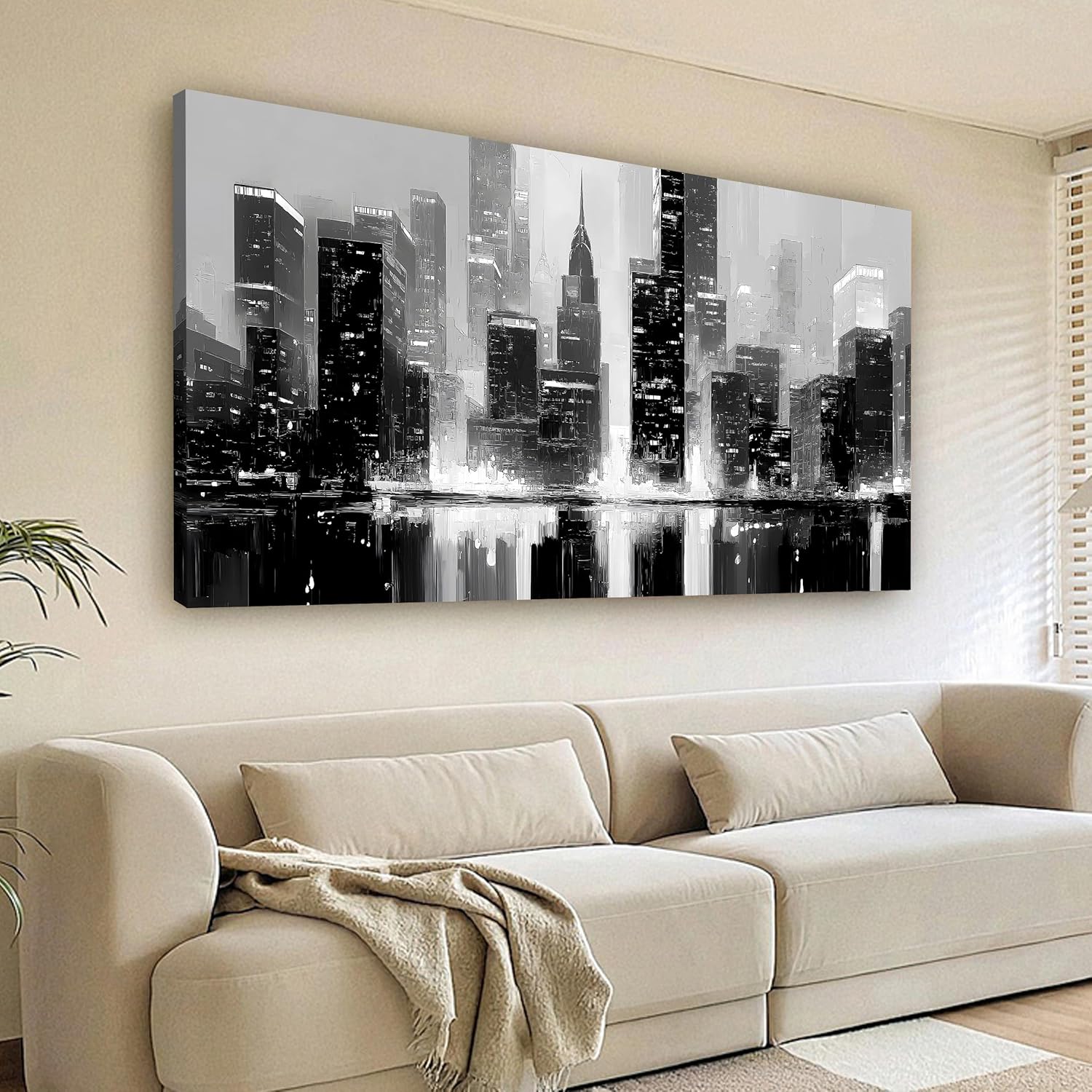 Trogonup Black and White New York City Wall Art for Living Room Manhattan Skyline Cityscape Night View Canvas Prints Modern Large Artwork for Bedroom Office Home Decor 20"x40"