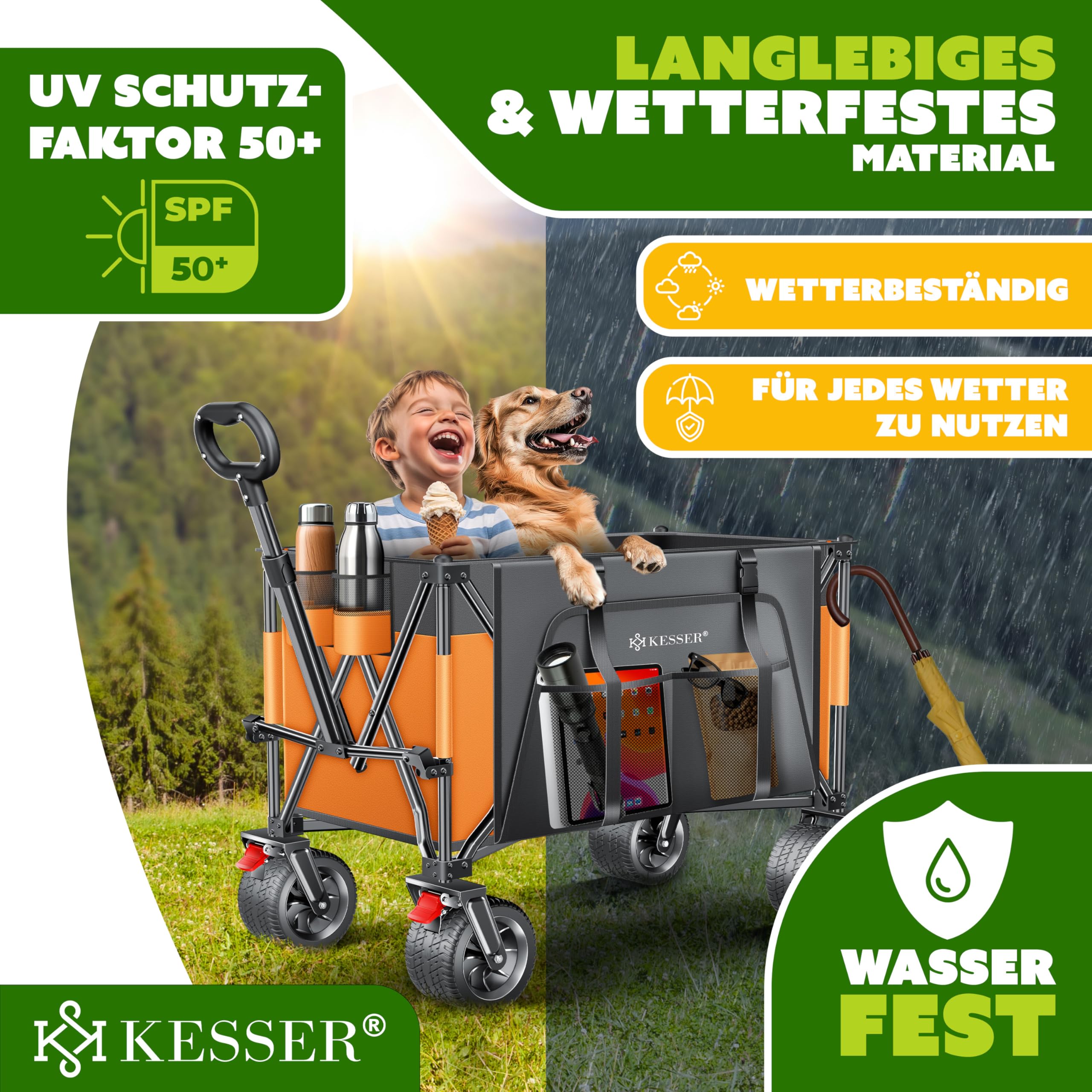 KESSER® Bollerwagen GTR9000 Handwagen 200Kg | 300L Stauraum Transportwagen faltbar extra breite 360° Räder & Feststell-Bremsen Wetterbeständig Strandwagen inkl Abdeckung Seitentasche & Getränkehalter