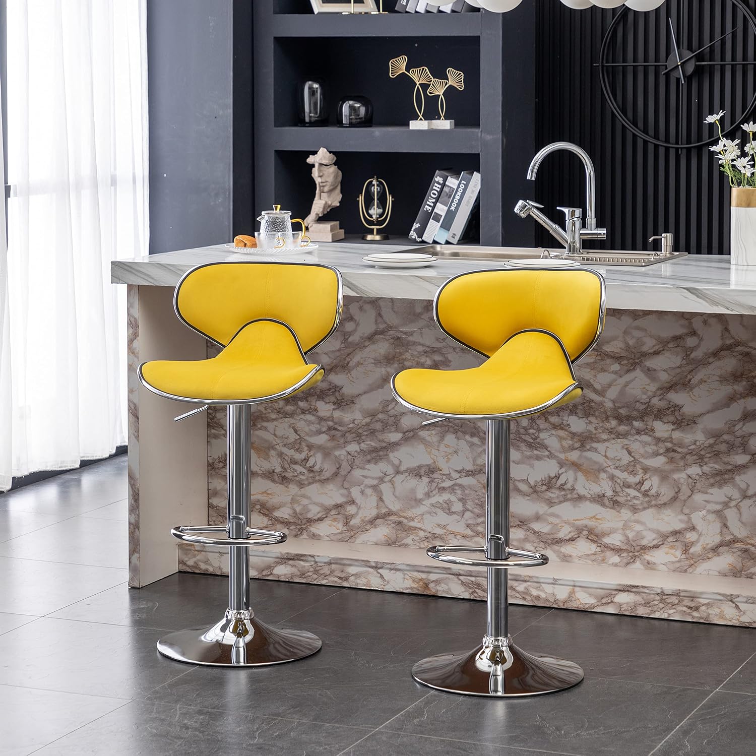Vina Velvet Upholstered Adjustable Swivel Barstool, Set of 2, Yellow