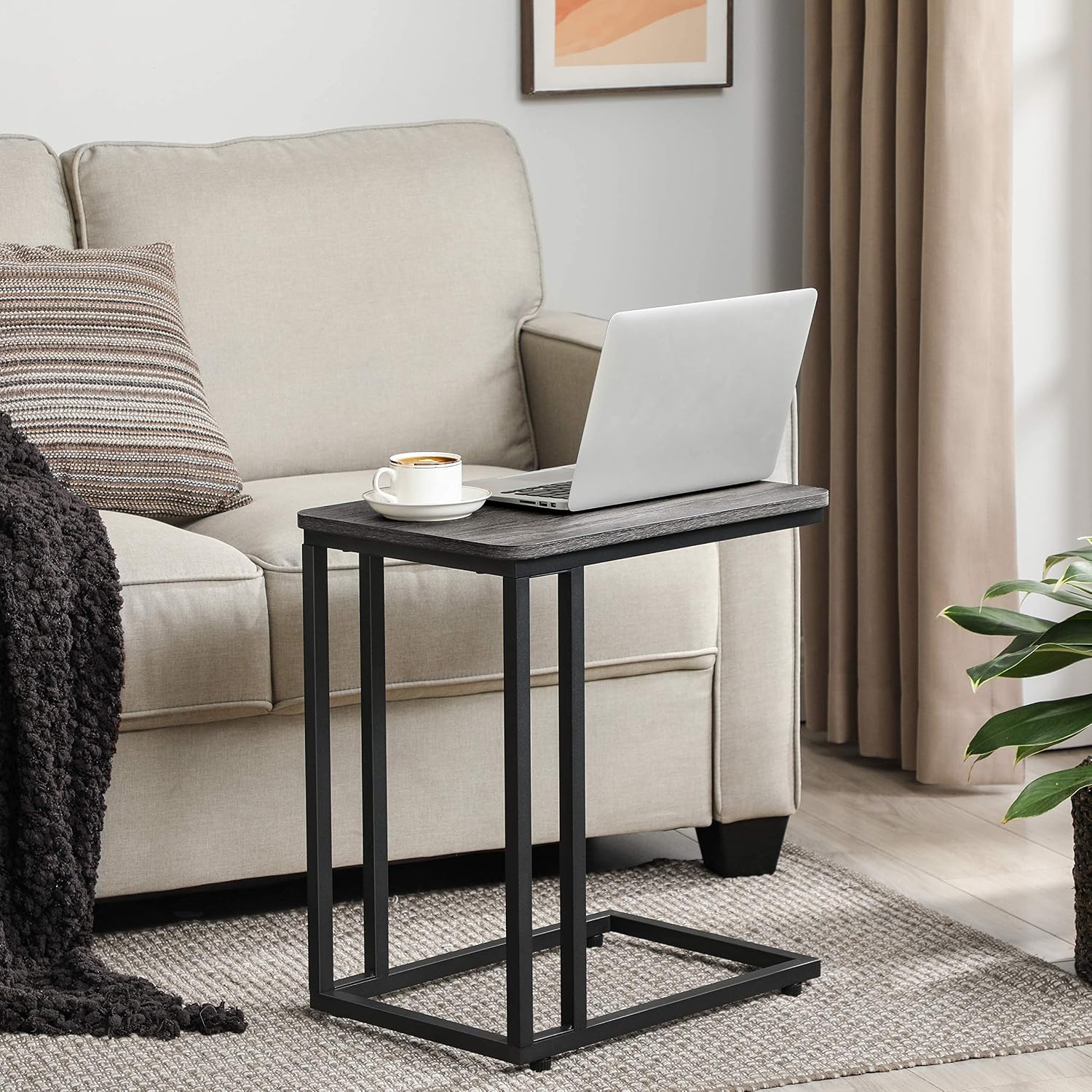 VASAGLE End Table, TV Tray with Metal Frame, Rolling Casters, Industrial, for Living Room, Bedroom, 19.7 x 13.8 x 21.6 Inches, Charcoal Gray + Black