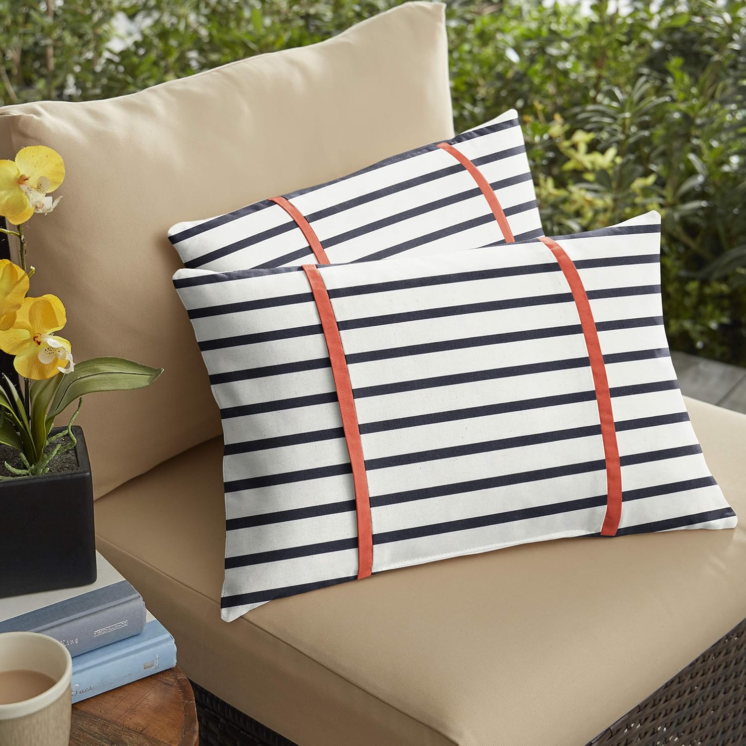 Sorra Home Lumbar Pillow, 12 in x 24 in, Blue Stripes with Melon Coral Orange