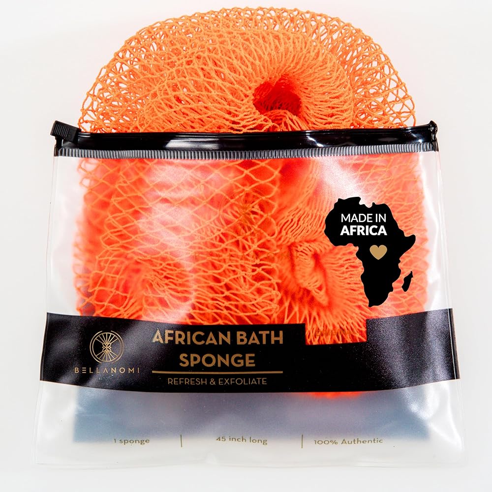BELLANOMI African Exfoliating Net Sponge, Authentic, Ethically sourced from Nigeria, 45 inches Long, Back Scrubber for Daily use (Orange)