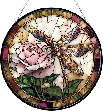 Victorian Dragonfly and Rose Window Stained Glass Window Hanging Customized Suncatcher 12" Glass Panel with Metal Chain Sun Catchers Wall Art Home Decor Gift for Women Mothers Day