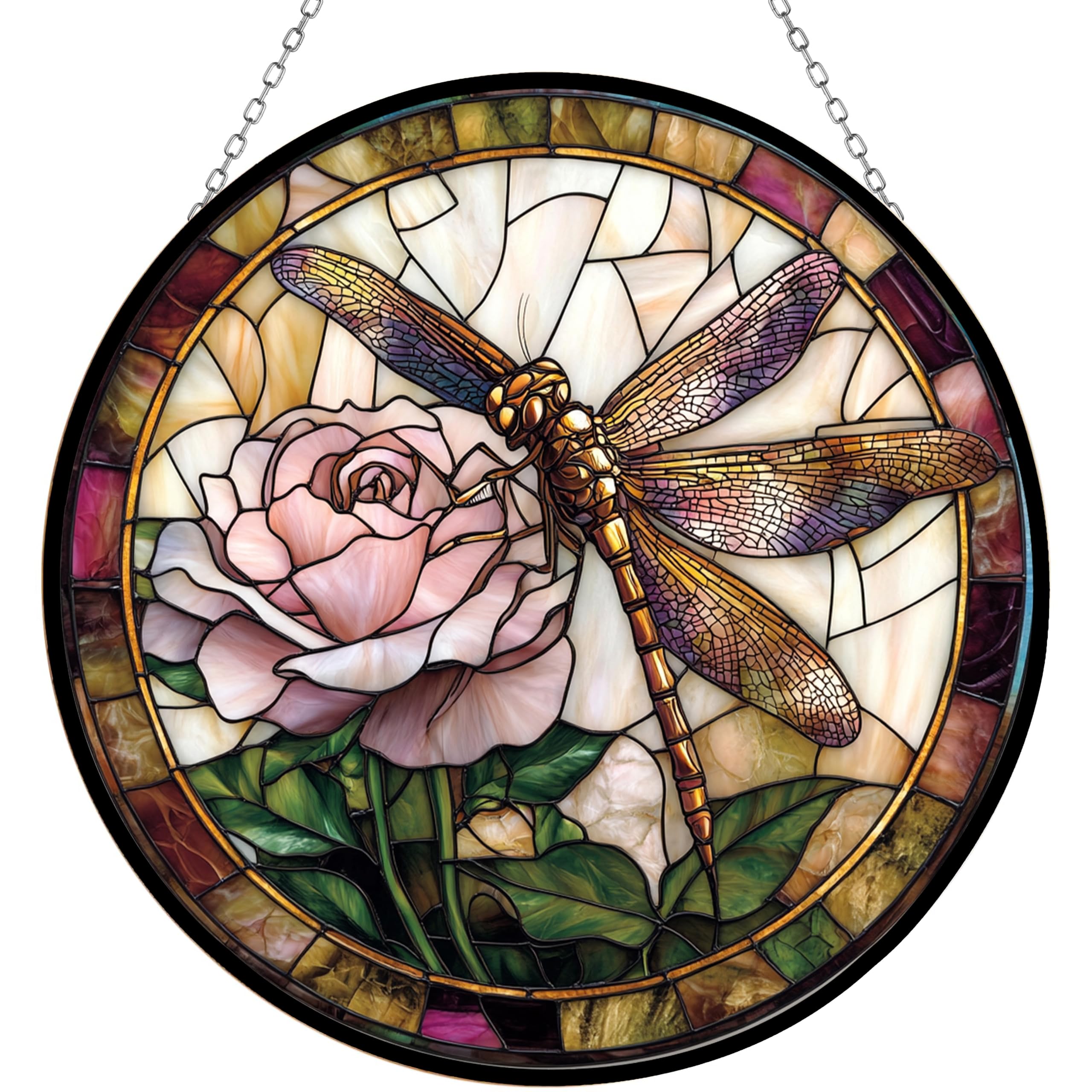 365CUSGIFTS Victorian Dragonfly and Rose Window Stained Glass Window Hanging Customized Suncatcher 12" Glass Panel with Metal Chain Sun Catchers Wall