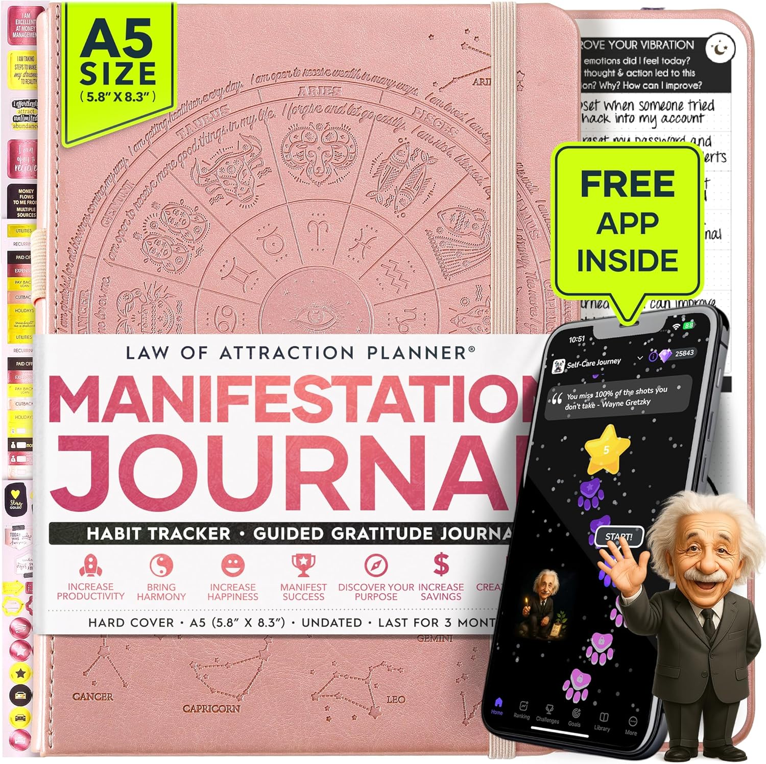 Manifestation Journal - 5 Minute Manifesting & Self Care Journal | 90-Day Undated Daily Planner for Positivity, Affirmations & Gratitude | Guided Mindfulness, Reflection | Vision Board + Stickers