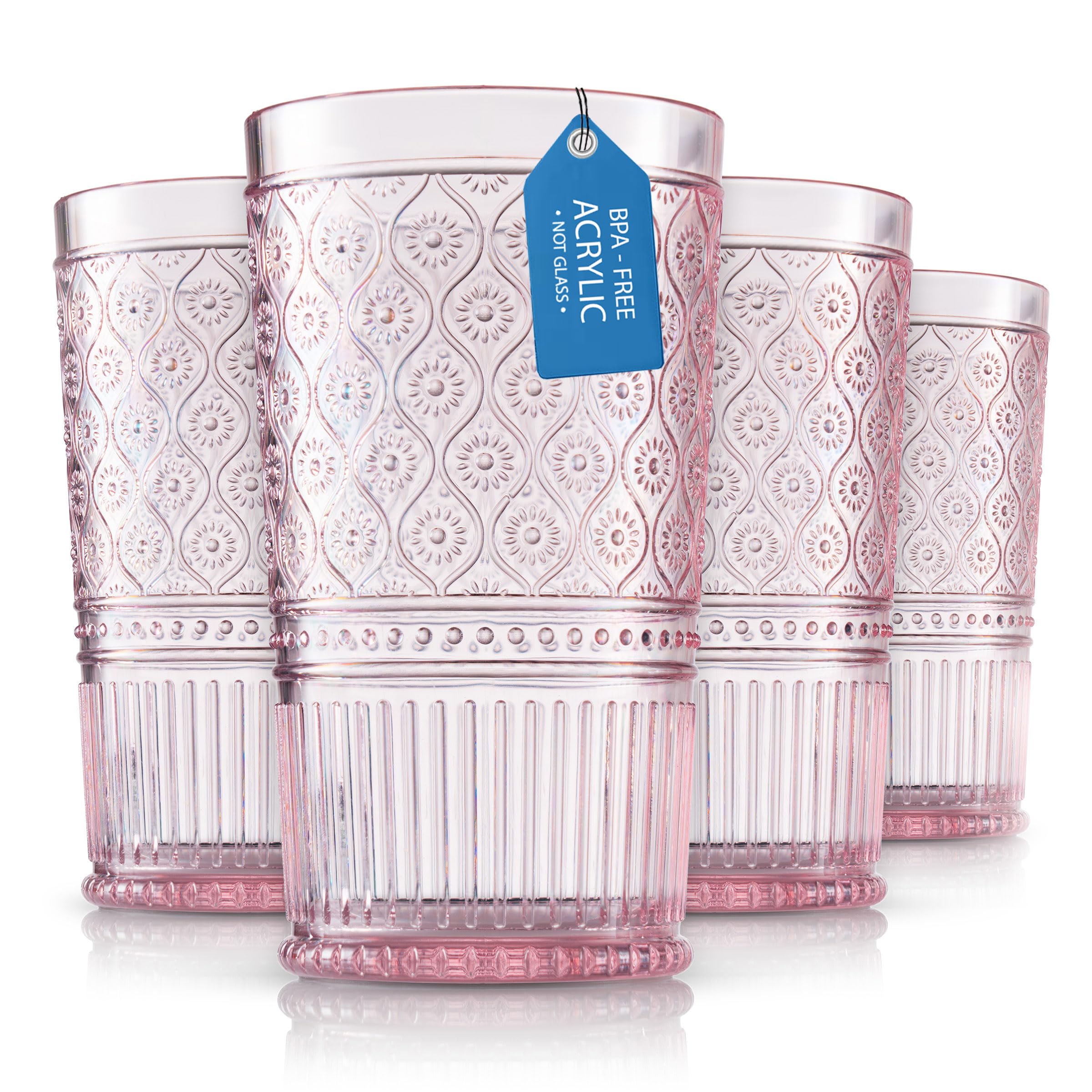 Highball Drinking Glasses, Acrylic Drinking Glasses Set, Elegant Tall Plastic Cups, Vintage Romantic Decor - Set of 4, Blush