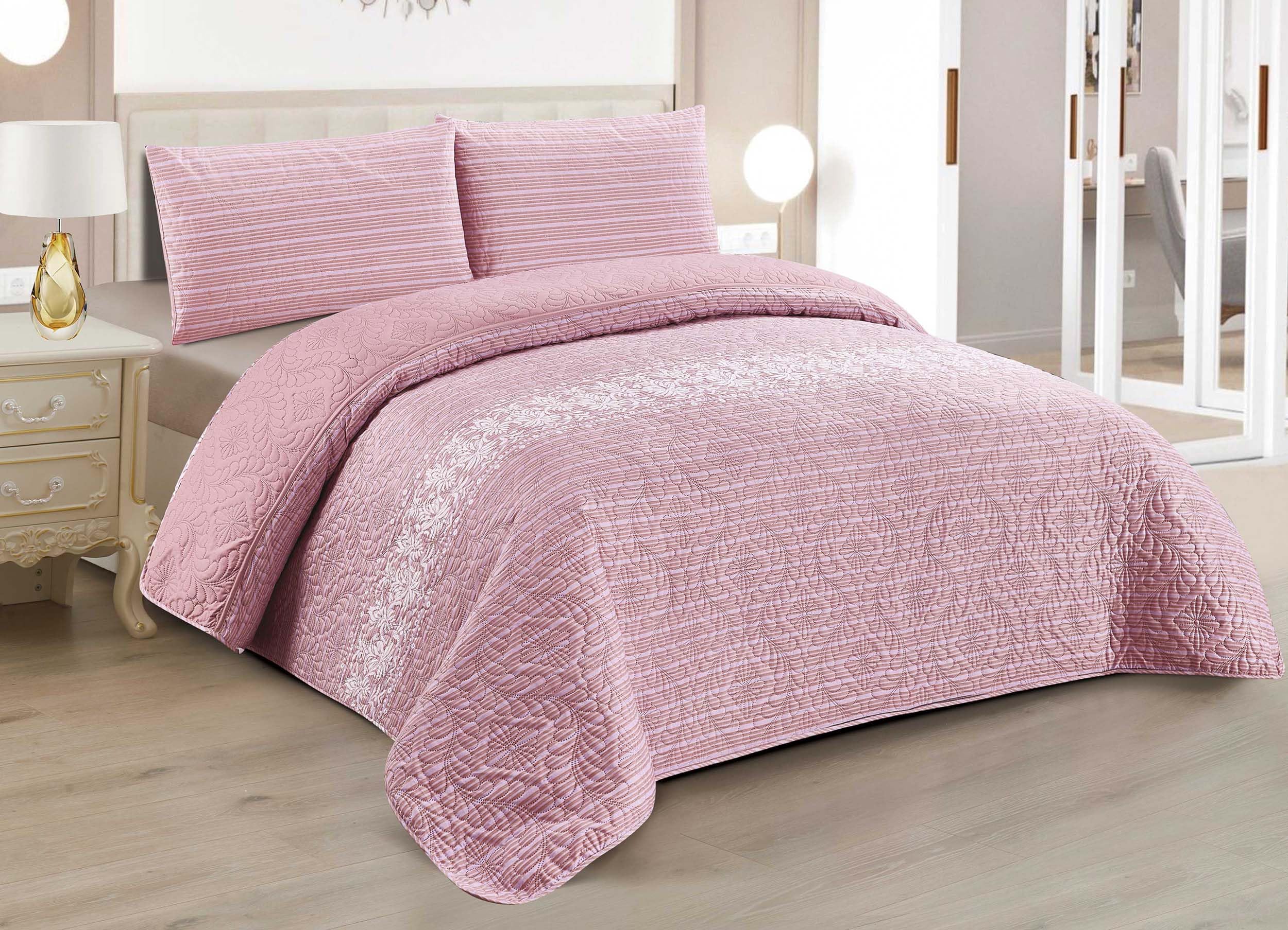 Colcha Boutis para Primavera y Verano Bicolor Reversible Estampado Bohemia Rosa + 2 Funda Cojin 50x70 cm - Colcha Ligera Fina Entretiempo (Cama 150, 240x260cm)