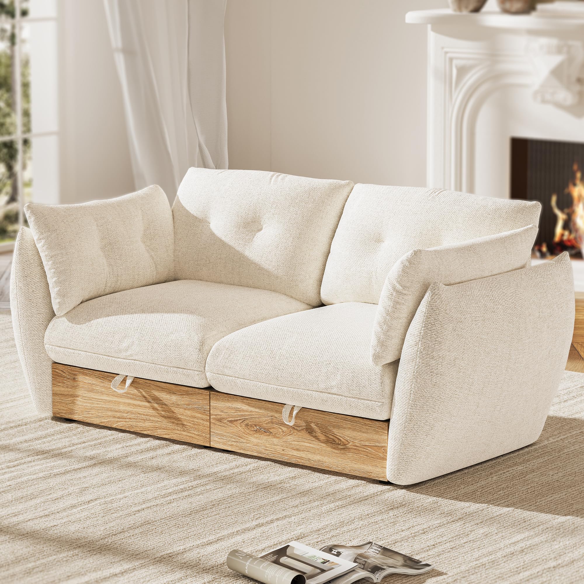 AMBERHAUS 70" Loveseat Sofa with Storage, Cotton and Linen Fabrics Modern Oversized Modular Sectional Cloud Couch with Armrest Pillow, Easy Assembly