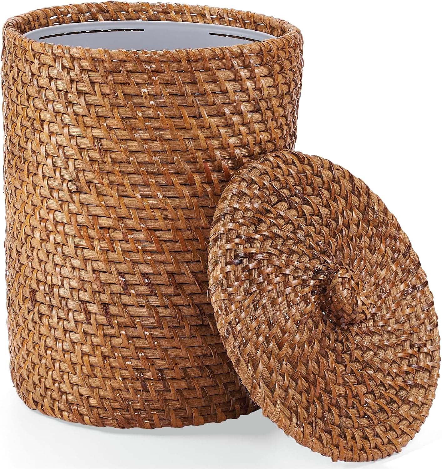Set of 3 Wicker Storage Baskets (Espresso) and Brown Wicker Trash Can with Lid and Liner (2 Gallon)