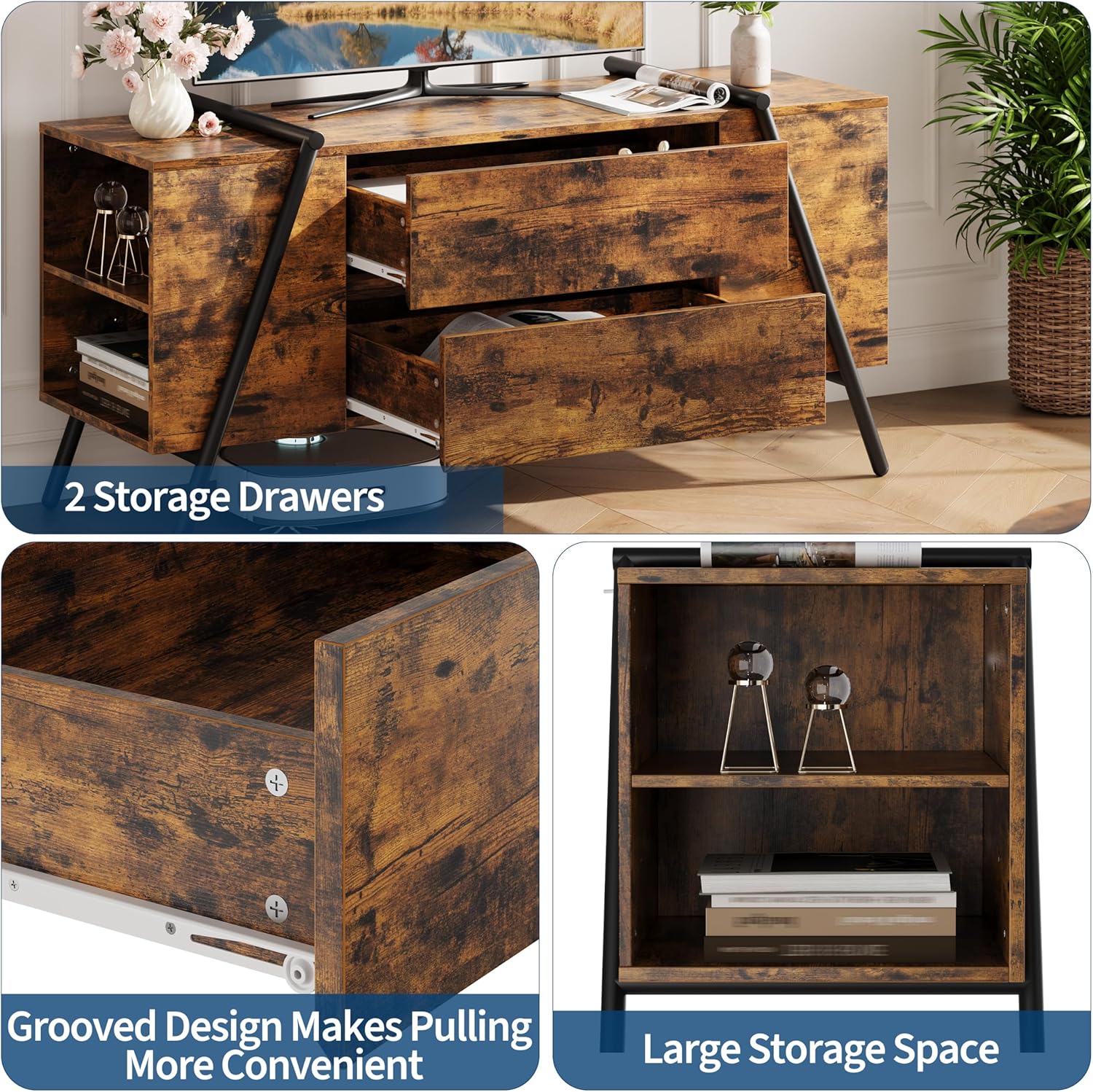 Garvee 47 in TV Stand for 50-65 in TVs, Entertainment Center with 2 Drawers, Adjustable Shelves & U-Shaped Metal Legs, Modern Farmhouse Wooden TV Console for Living Room and Bedroom, Amber Oak