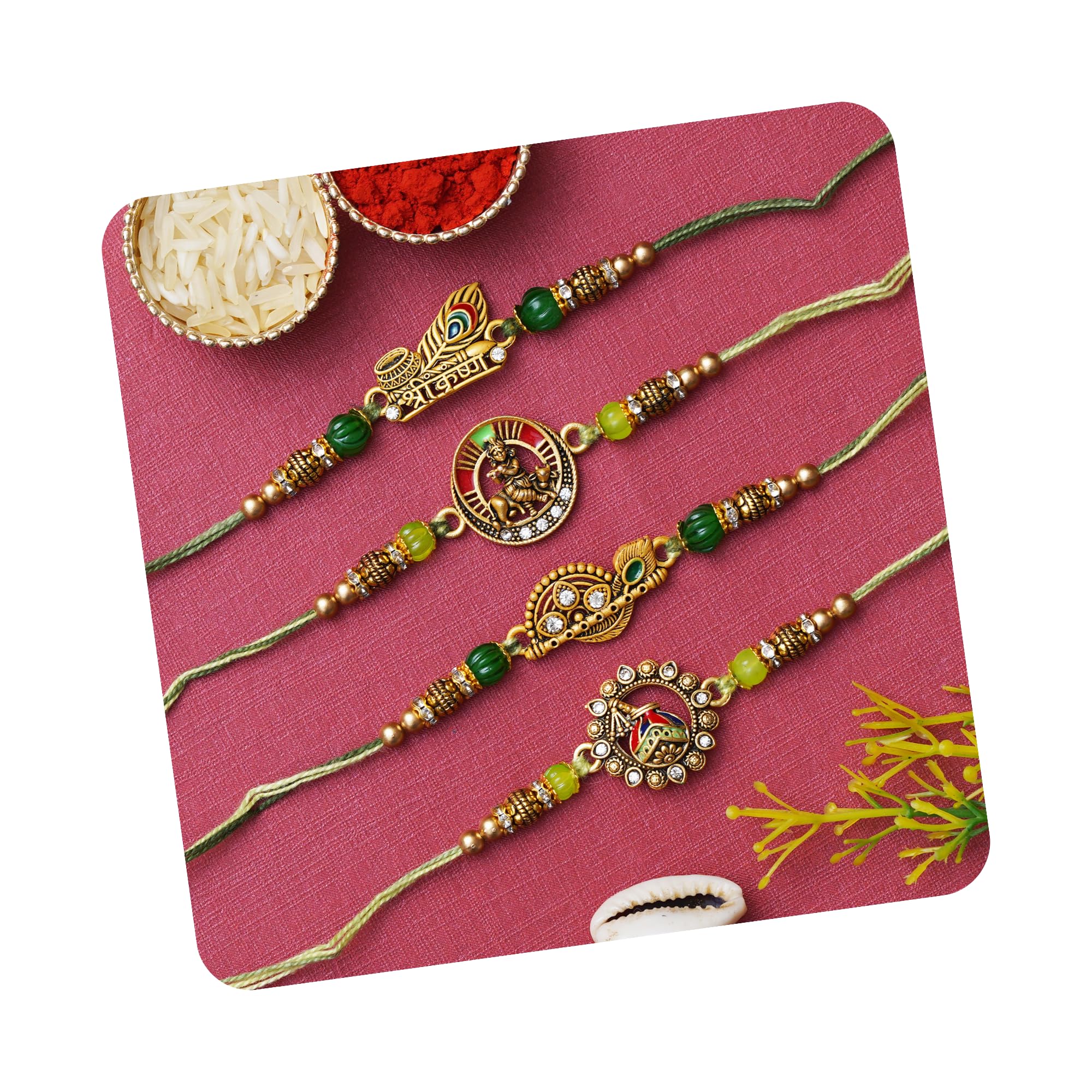 eCraftIndia Set of 4 Lord Ganesha Peacock Krishna & Kalash Designer Rakhis for Brother Bhaiya Bhai | Roli Chawal Pack-image-5
