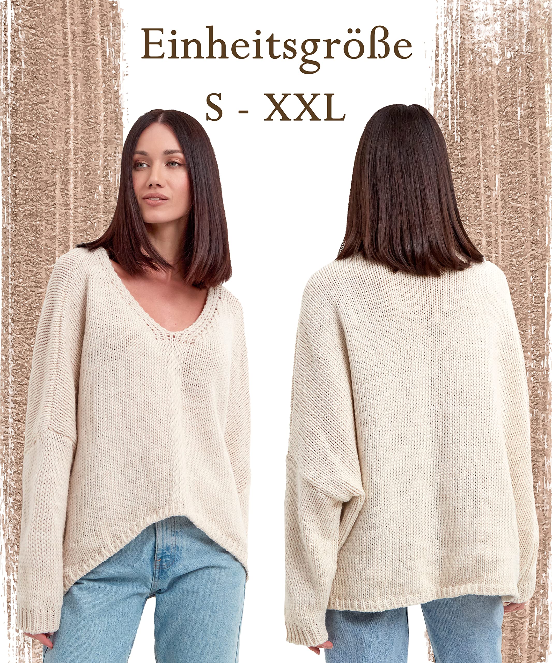 SOVENTUS FASHION Damen Strickpullover Oversize grobmaschig Pullover Damen Strick Oversize kurz Pulli Frühling Herbst V-Ausschnitt, mit oder ohne Kapuze, Grosse größen Made in Italy