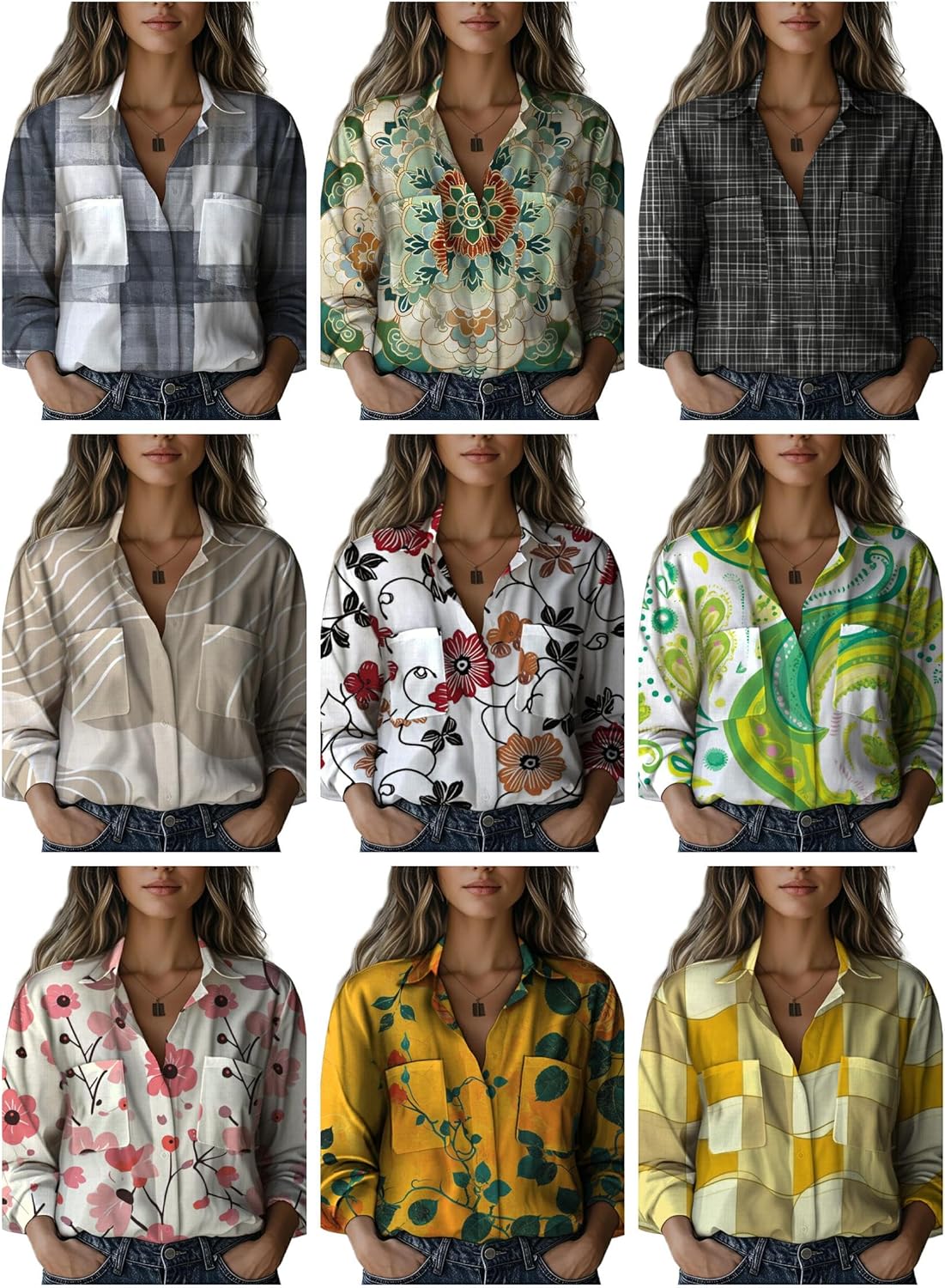 Summer Shirts for Women Casual Baggy Outfit FashionButton Down Long Sleeve Clothes Plus Size Tops with Pocket - Image 4