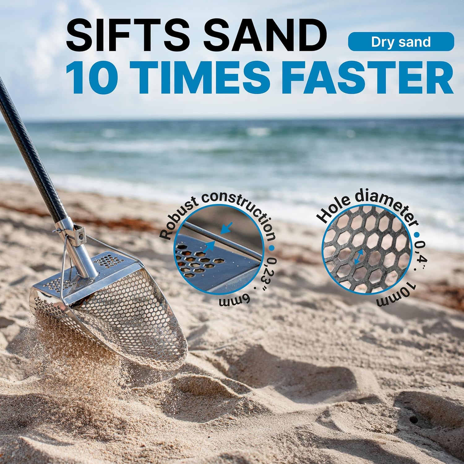CKG Sand Scoop for Metal Detecting Heavy Duty Sand Sifter Scoop Stainless Steel 304, Metal Detector Scoop Shovel for Treasure Hunting Metal Detector Accessories, 11x8 with Handle